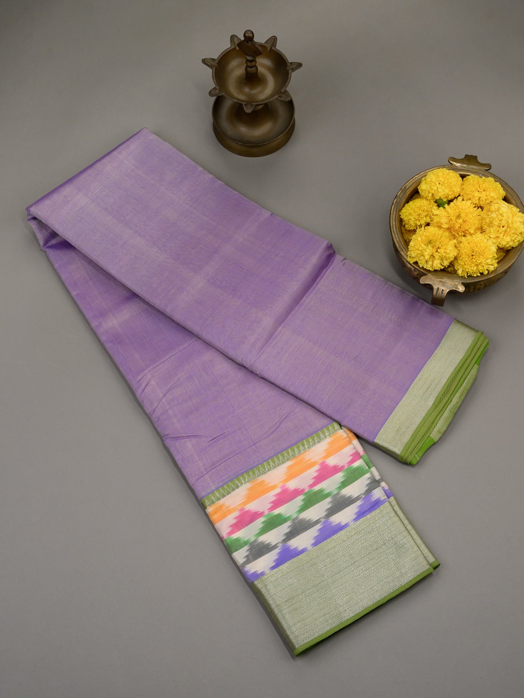 Handloom Mangalagiri Silk Cotton Saree in Purple and Green with Multicolor Ikat Border