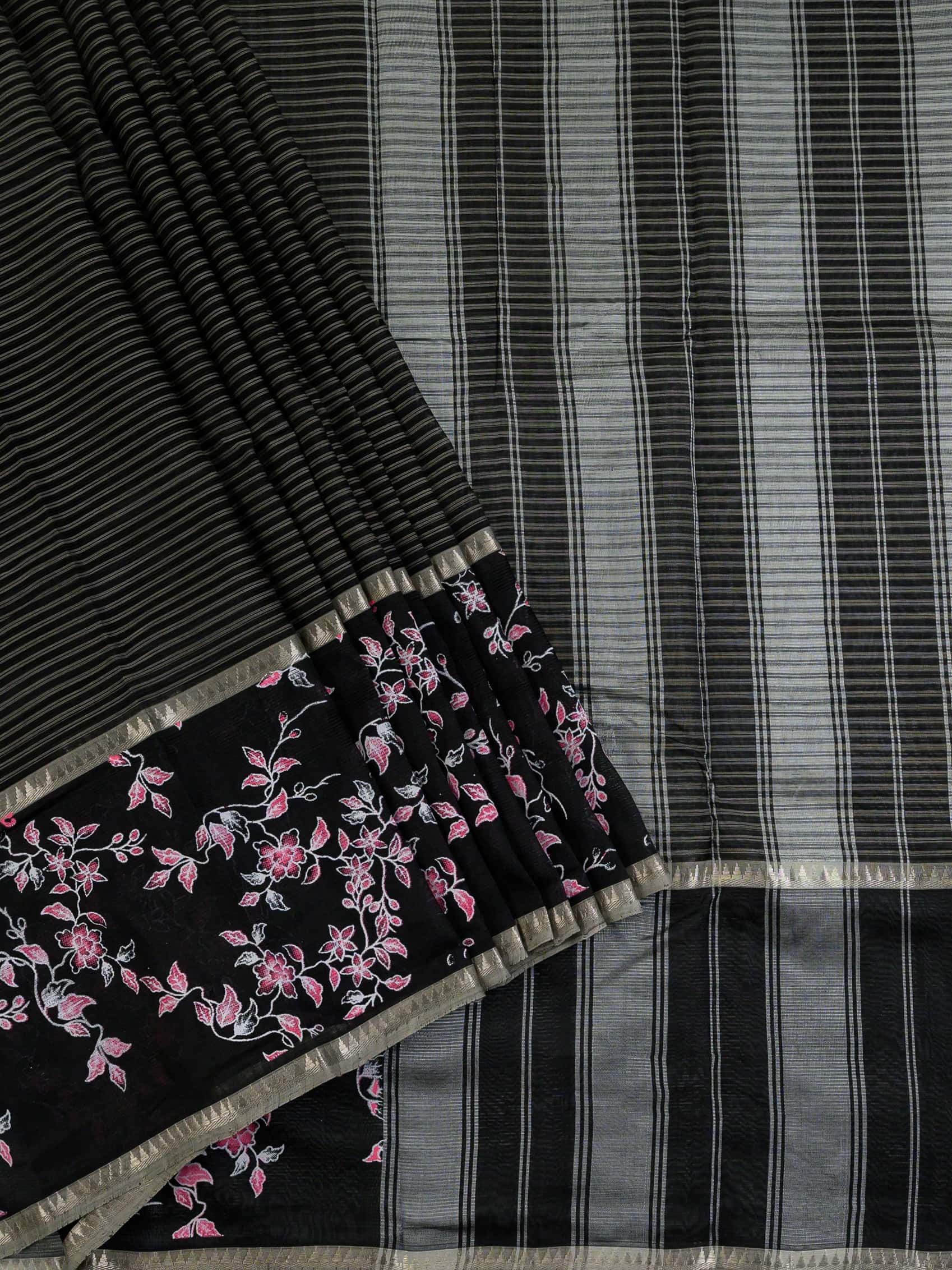 Handloom Mangalagiri Silk Cotton Saree in Black and Grey with Floral Border