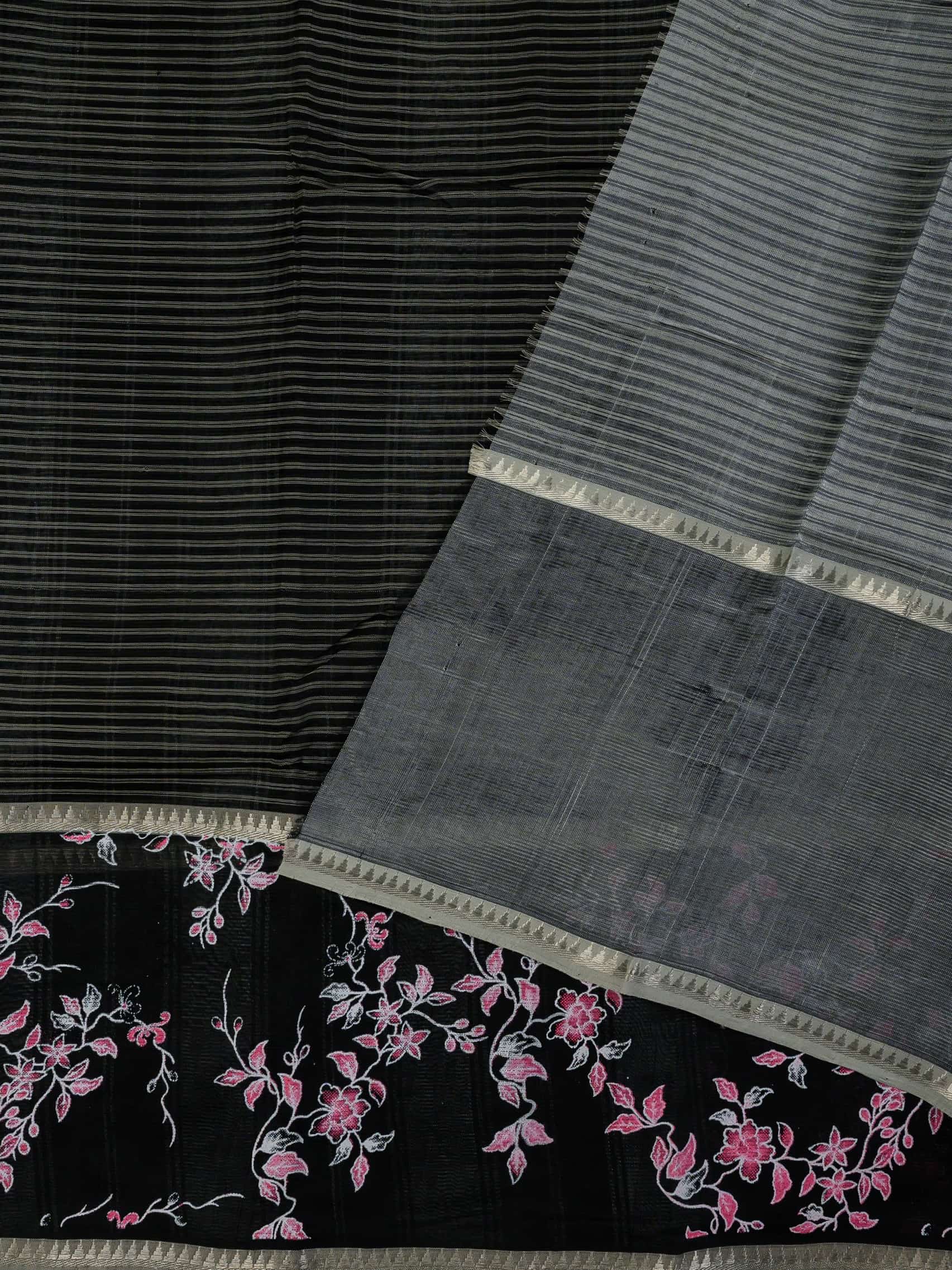 Handloom Mangalagiri Silk Cotton Saree in Black and Grey with Floral Border