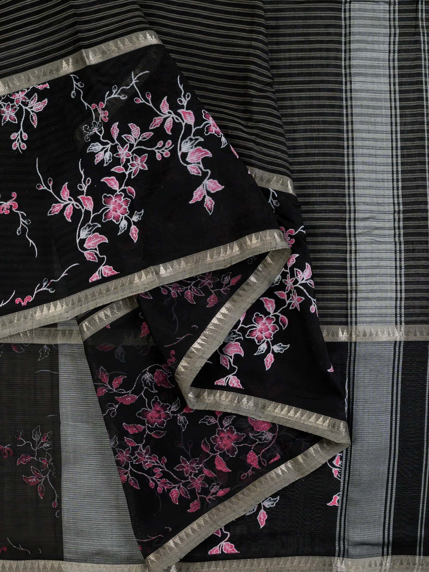 Handloom Mangalagiri Silk Cotton Saree in Black and Grey with Floral Border