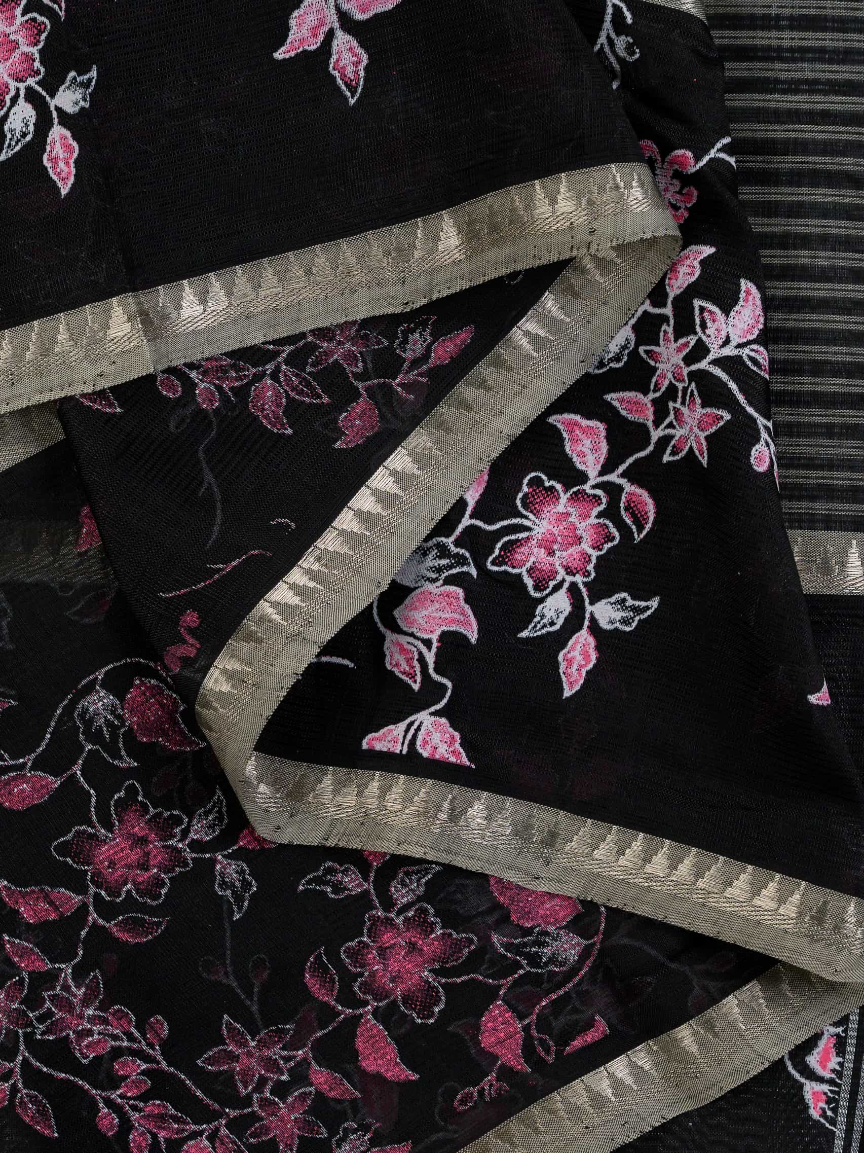 Handloom Mangalagiri Silk Cotton Saree in Black and Grey with Floral Border