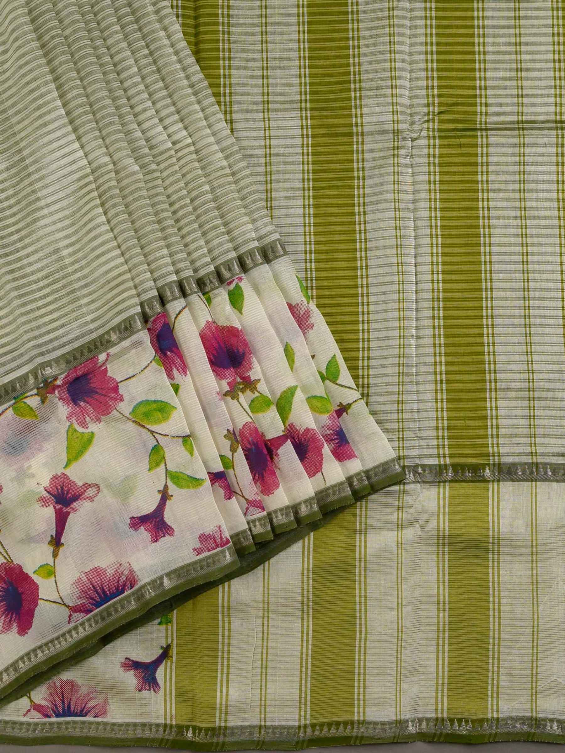 Handloom Mangalagiri Silk Cotton Saree in Olive Green and Cream with Floral Border