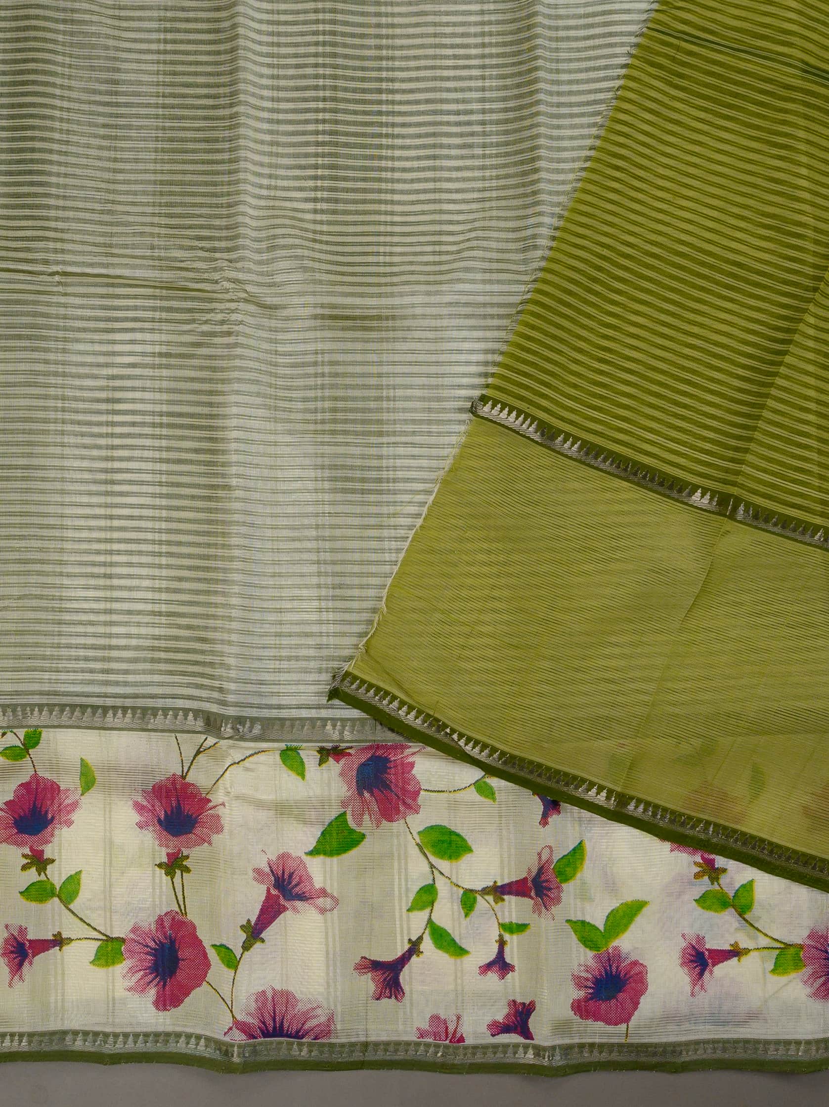Handloom Mangalagiri Silk Cotton Saree in Olive Green and Cream with Floral Border