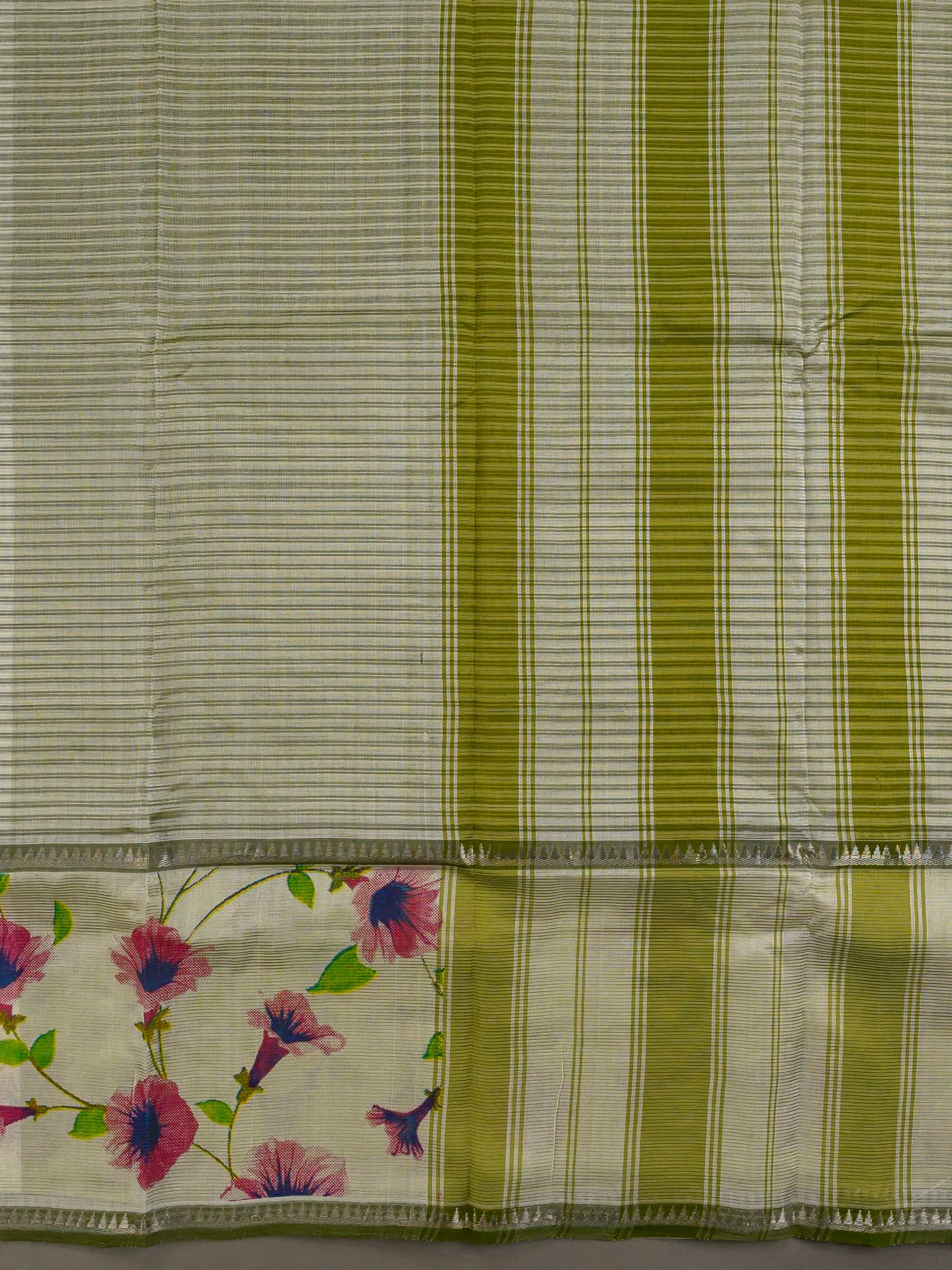 Handloom Mangalagiri Silk Cotton Saree in Olive Green and Cream with Floral Border