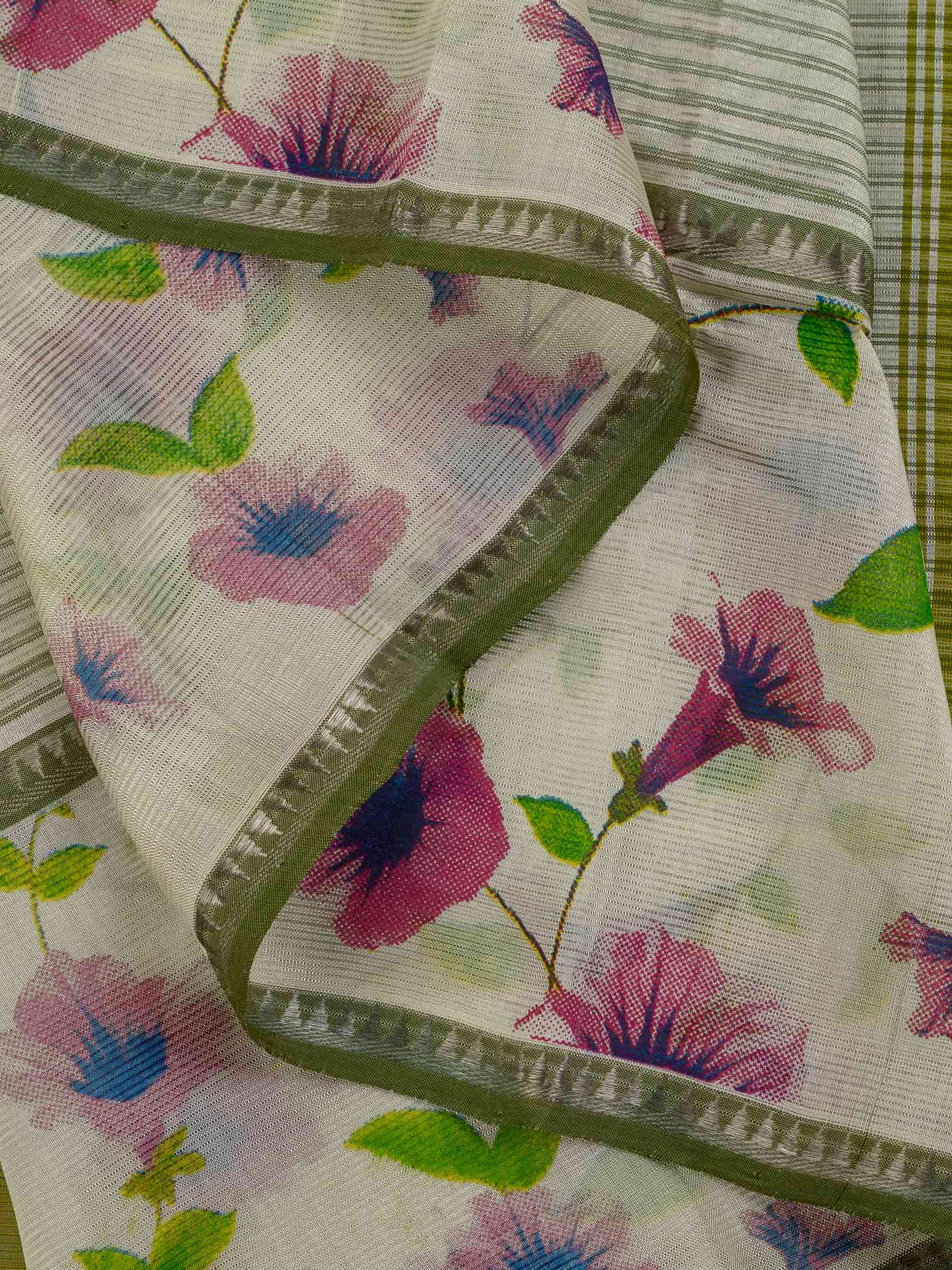 Handloom Mangalagiri Silk Cotton Saree in Olive Green and Cream with Floral Border