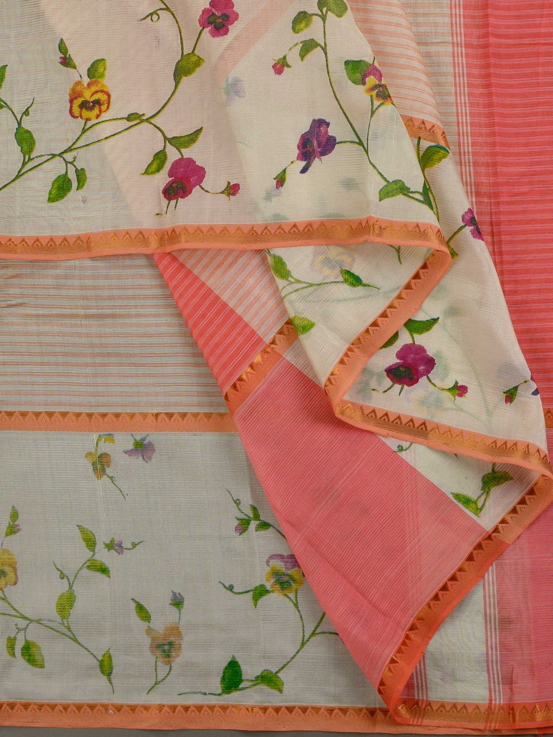 Handloom Mangalagiri Silk Cotton Saree in Peach and Cream with Floral Border