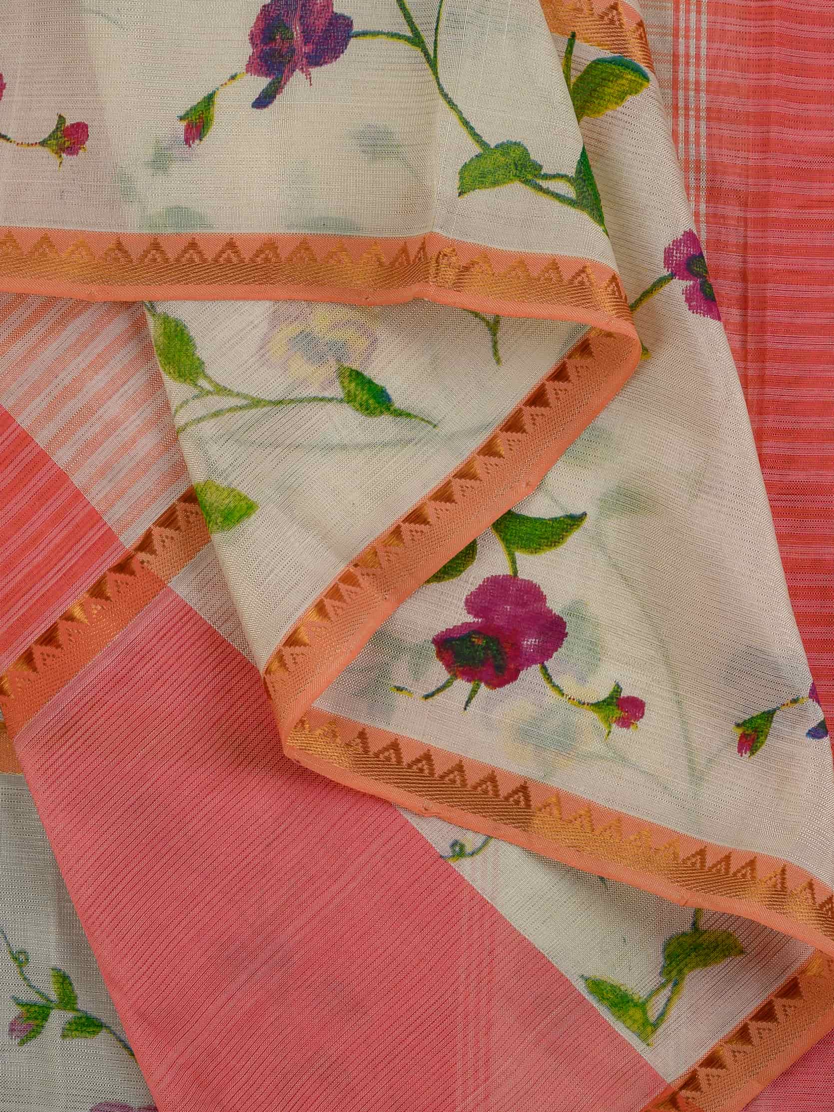 Handloom Mangalagiri Silk Cotton Saree in Peach and Cream with Floral Border