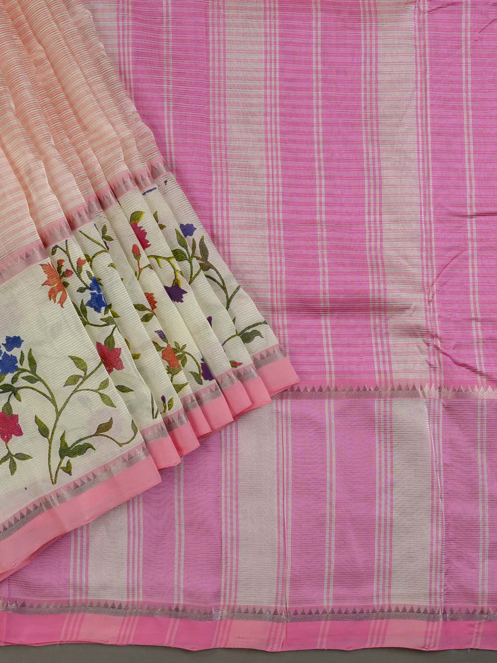 Handloom Mangalagiri Silk Cotton Saree in Pink and Cream with Floral Border