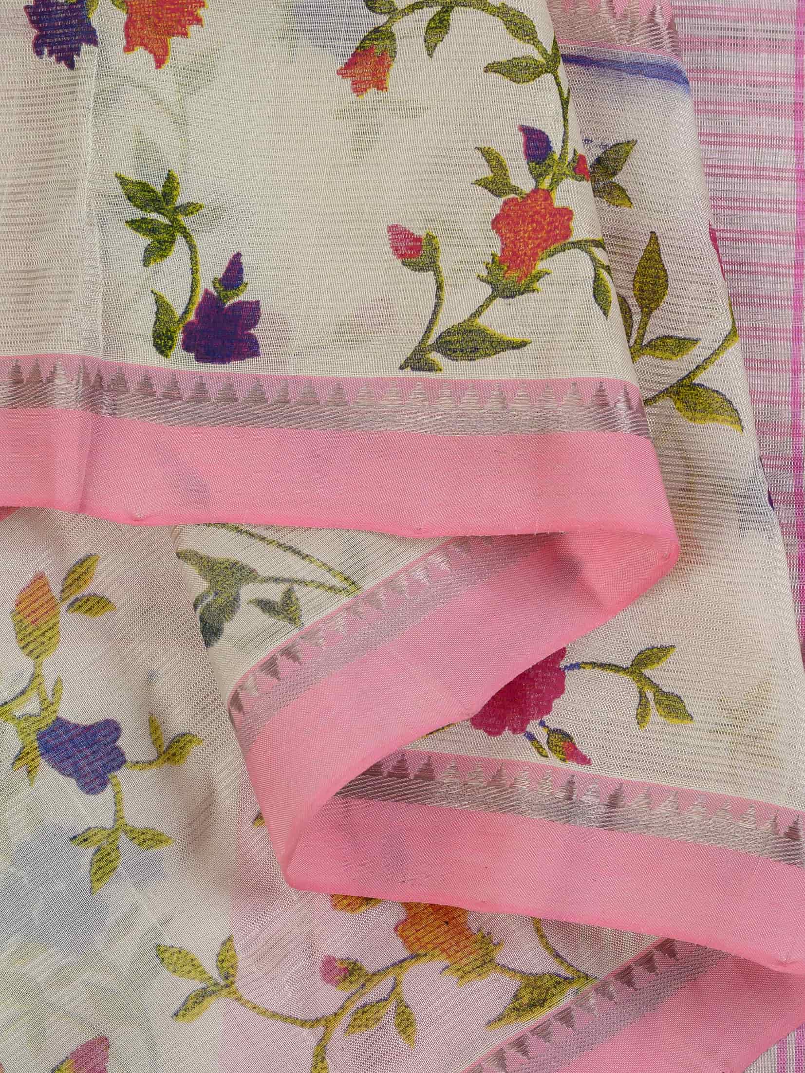 Handloom Mangalagiri Silk Cotton Saree in Pink and Cream with Floral Border