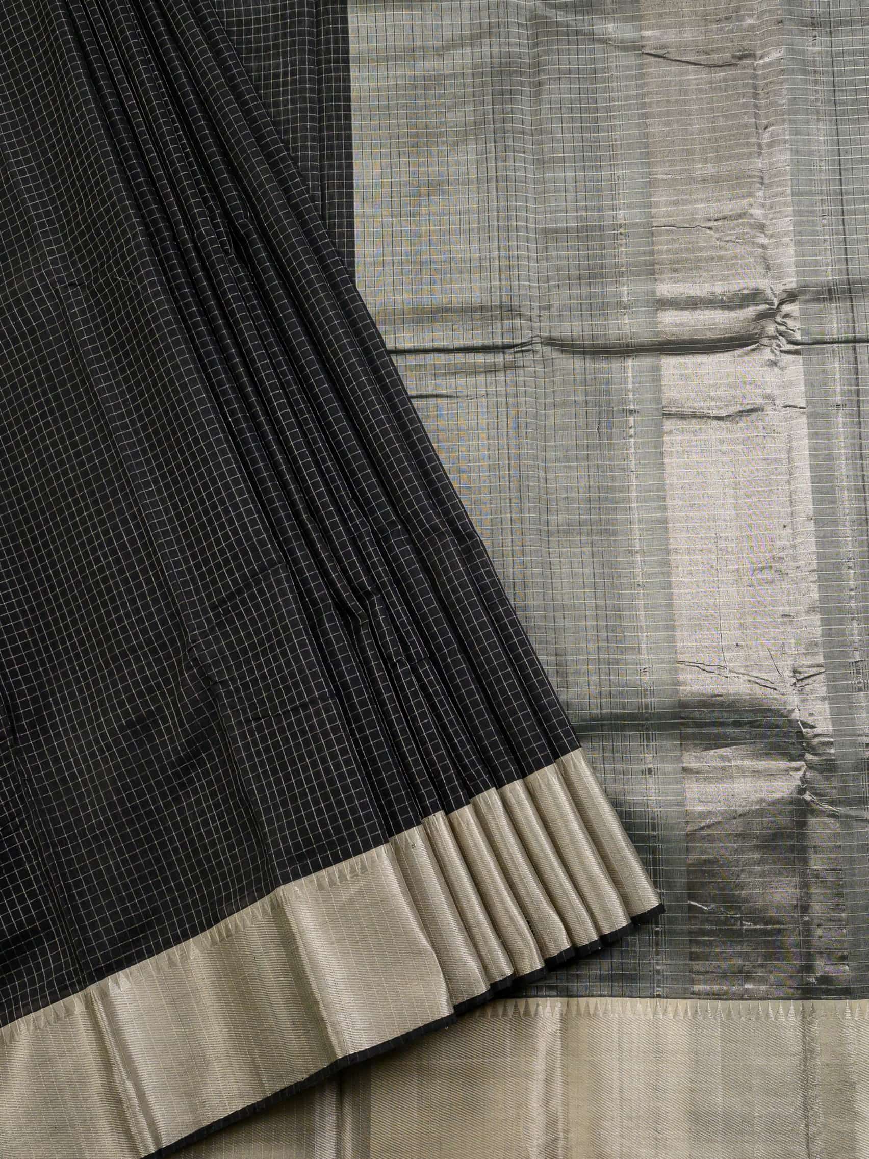 Handloom Mangalagiri silk cotton saree in black and grey with tissue checks