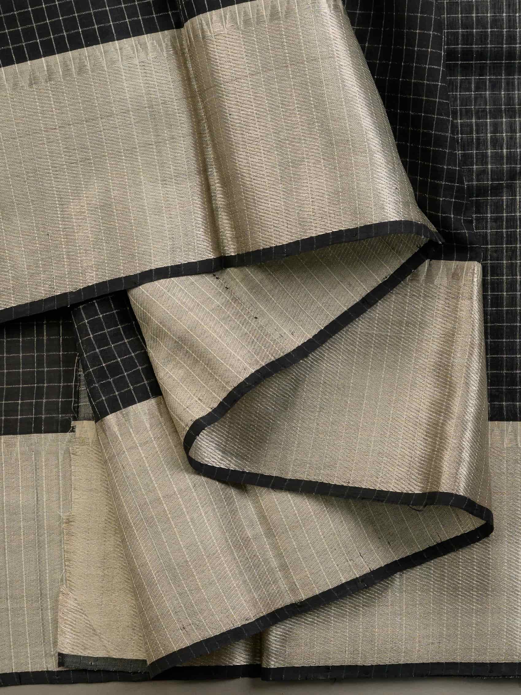 Handloom Mangalagiri Silk Cotton Saree in Black and Grey with Tissue Checked Weave