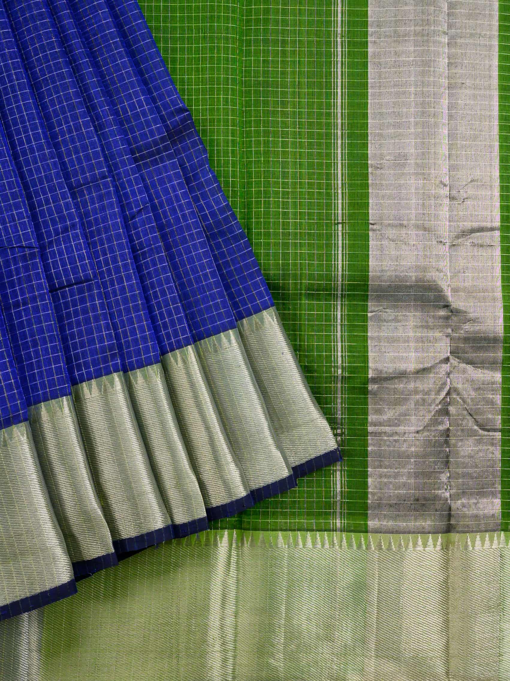 Handloom Mangalagiri silk cotton saree in blue and green with tissue checks