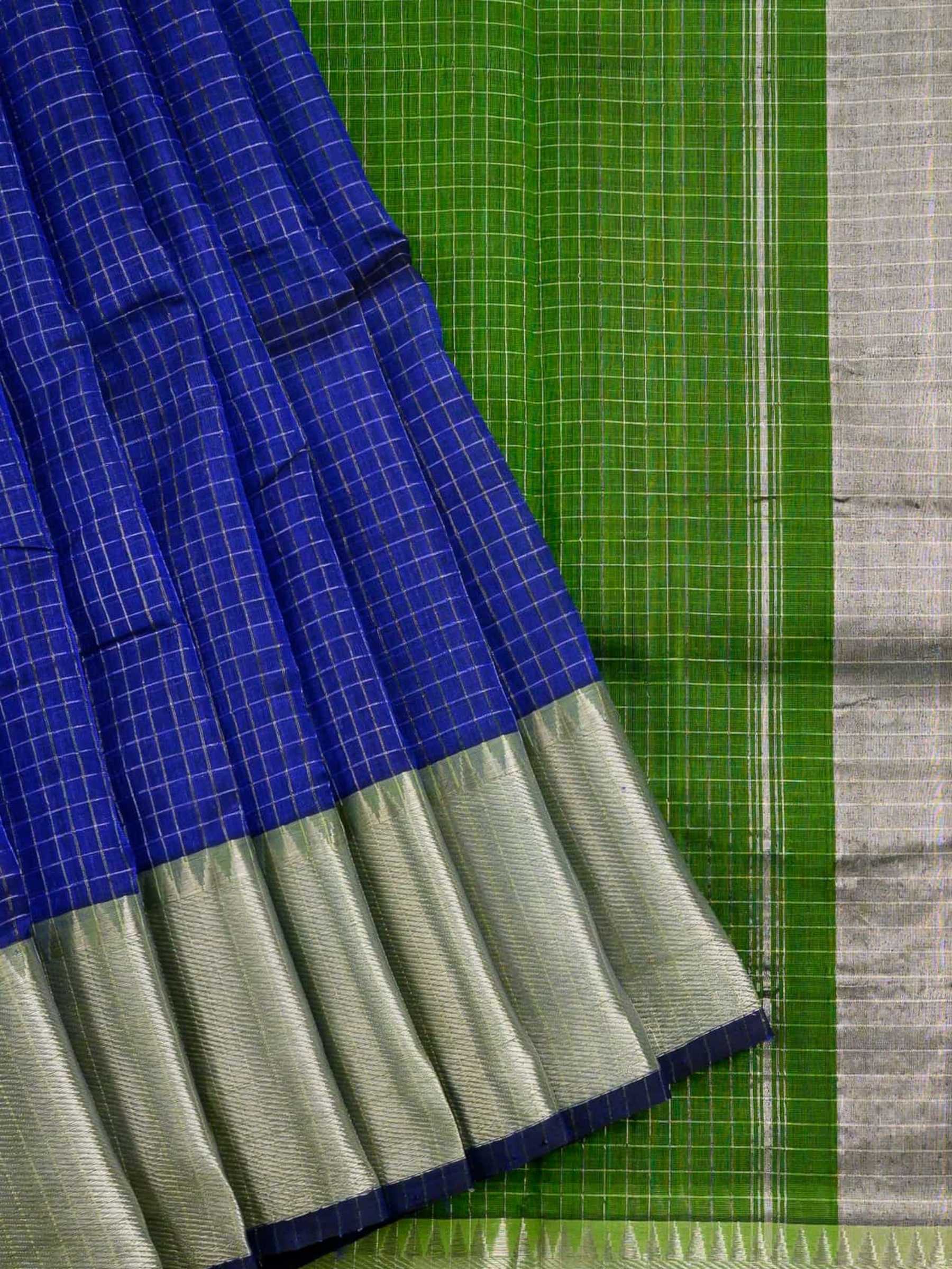 Handloom Mangalagiri Silk Cotton Saree in Blue and Green with Tissue Checked Weave