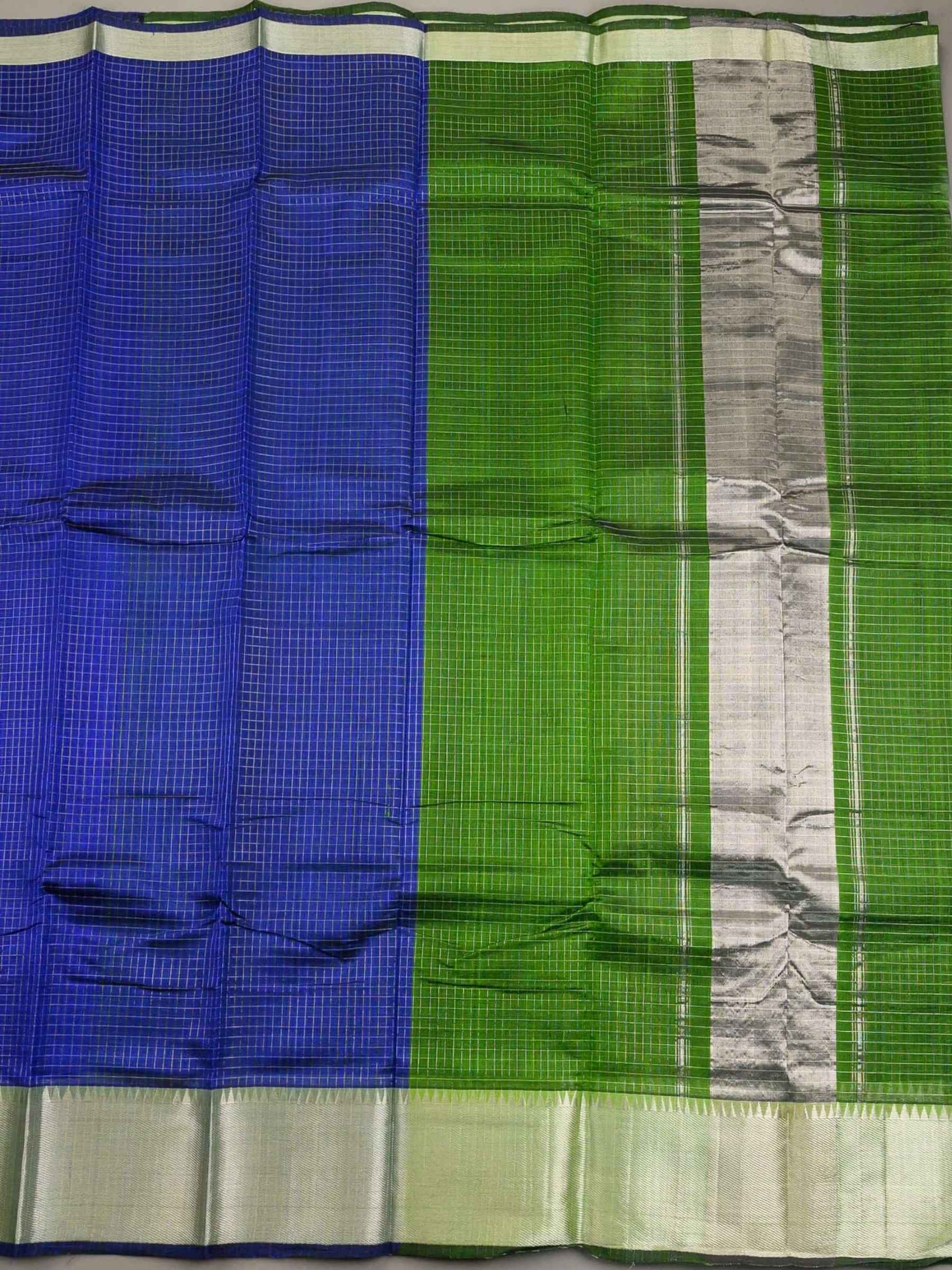 Handloom Mangalagiri Silk Cotton Saree in Blue and Green with Tissue Checked Weave
