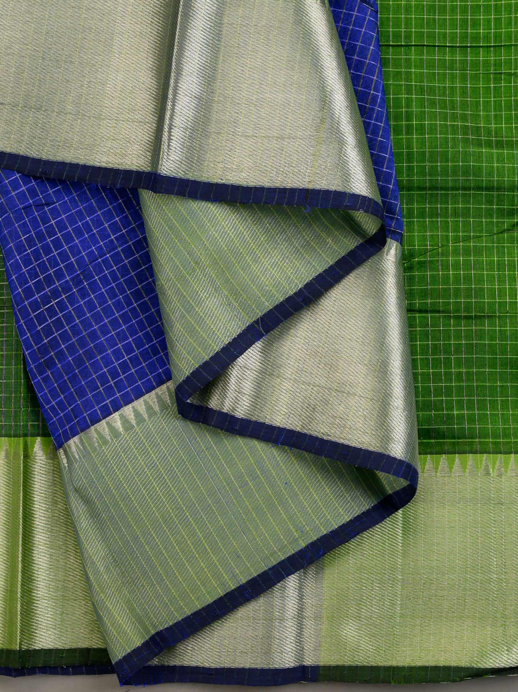 Handloom Mangalagiri Silk Cotton Saree in Blue and Green with Tissue Checked Weave