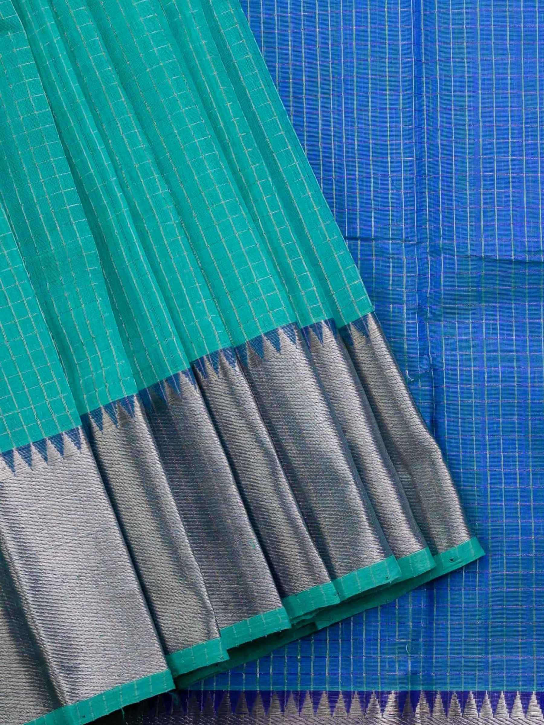 Handloom Mangalagiri Silk Cotton Saree in Teal and Blue with Tissue Checked Weave