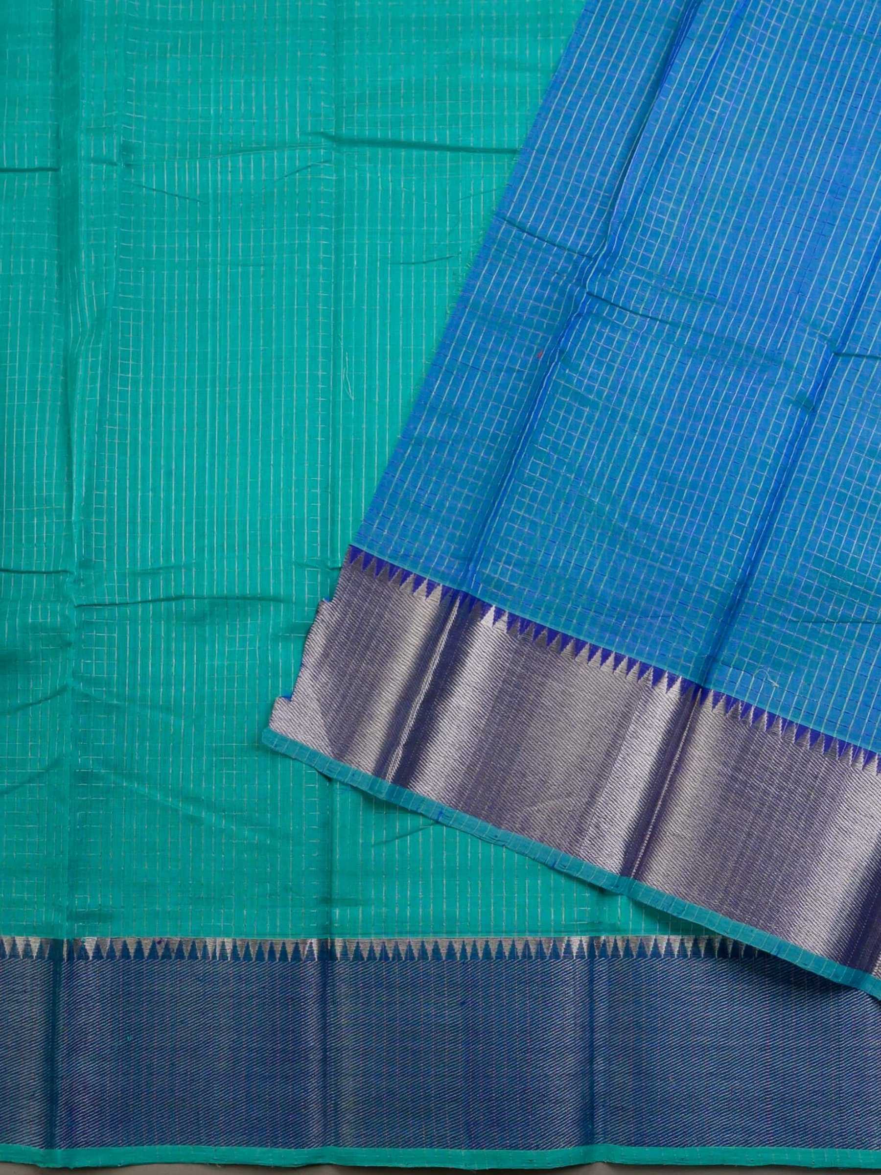 Handloom Mangalagiri Silk Cotton Saree in Teal and Blue with Tissue Checked Weave