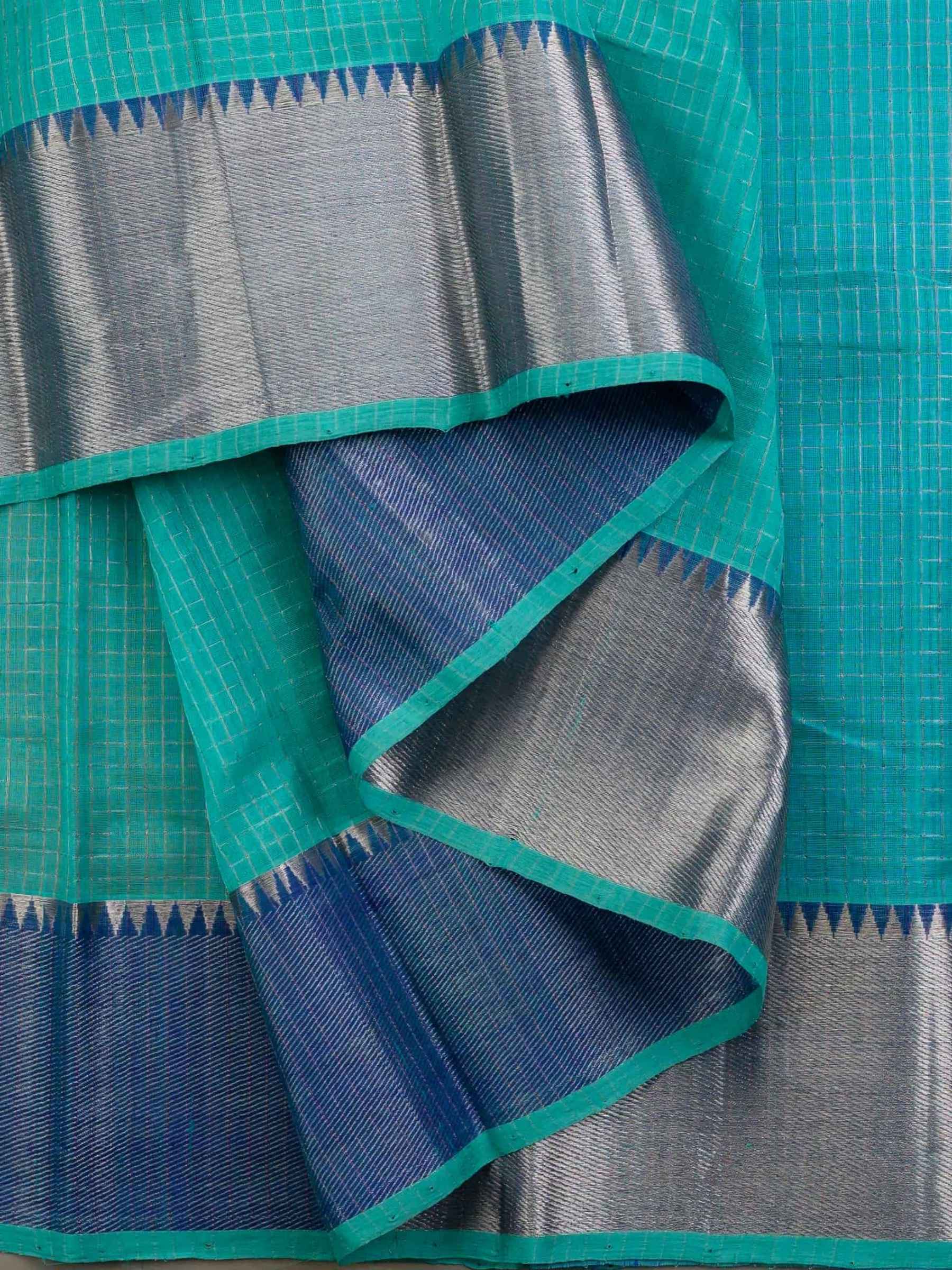 Handloom Mangalagiri Silk Cotton Saree in Teal and Blue with Tissue Checked Weave
