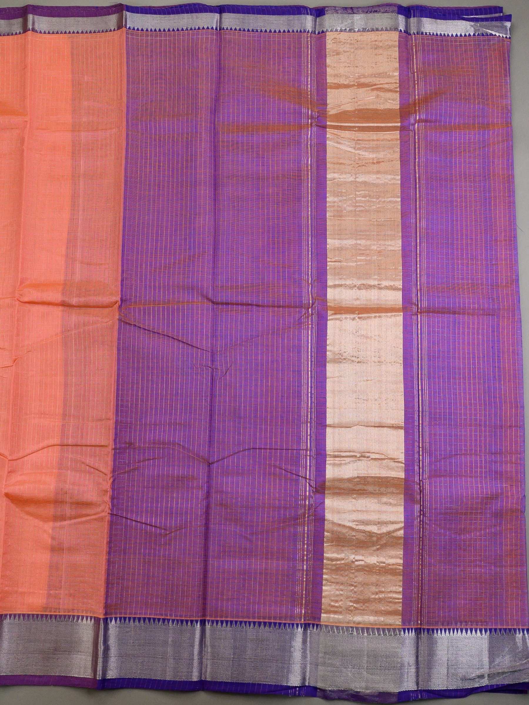 Handloom Mangalagiri Silk Cotton Saree in Peach and Purple with Tissue Checked Weave