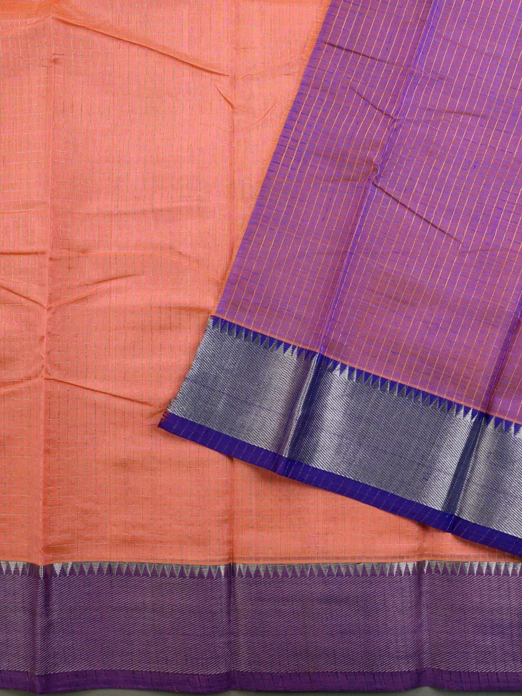 Handloom Mangalagiri Silk Cotton Saree in Peach and Purple with Tissue Checked Weave
