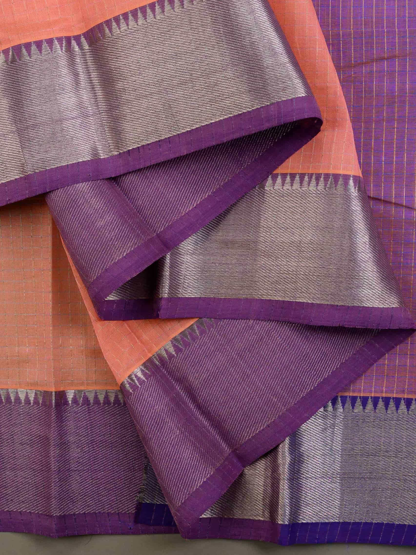 Handloom Mangalagiri Silk Cotton Saree in Peach and Purple with Tissue Checked Weave