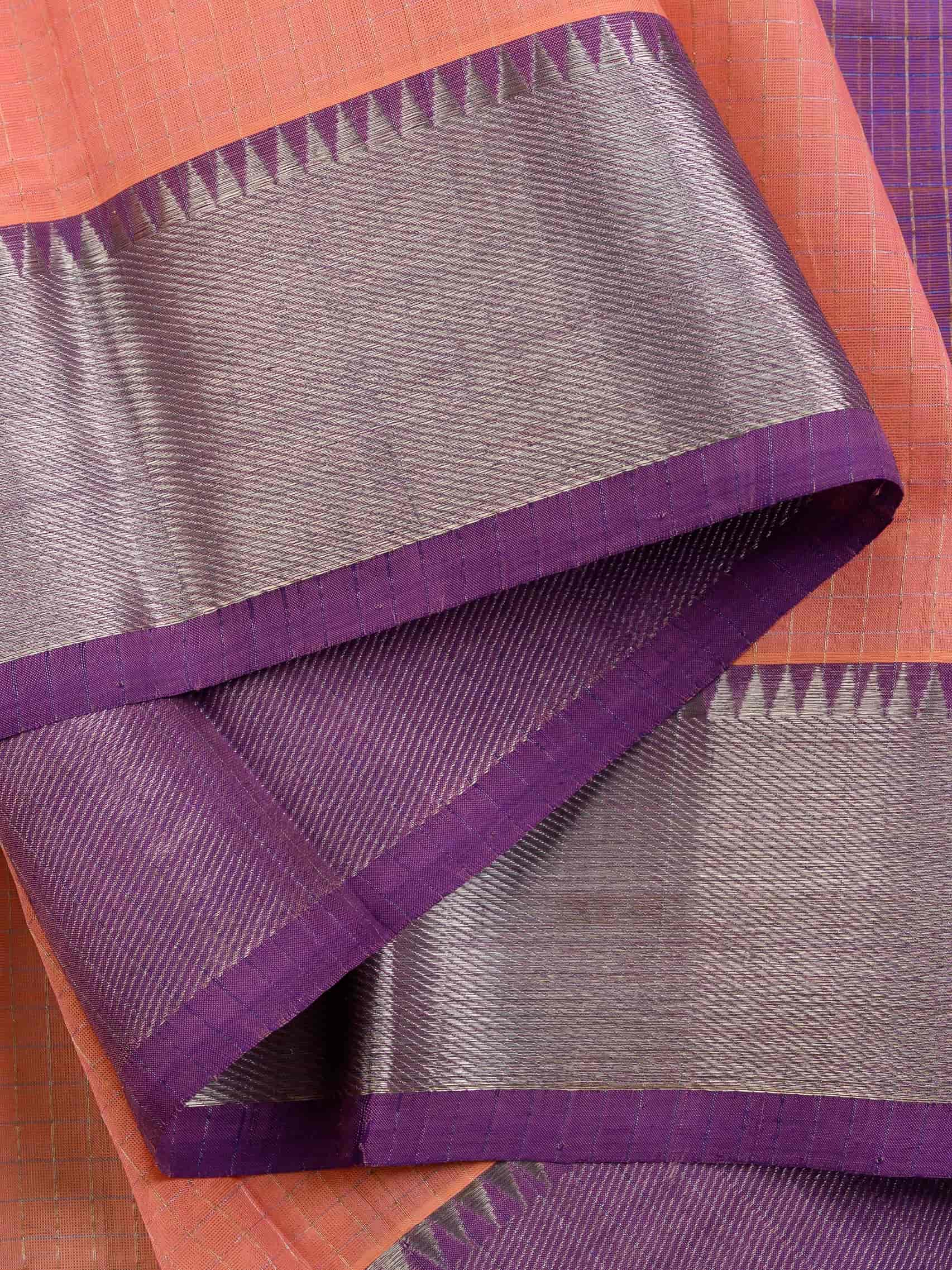 Handloom Mangalagiri Silk Cotton Saree in Peach and Purple with Tissue Checked Weave