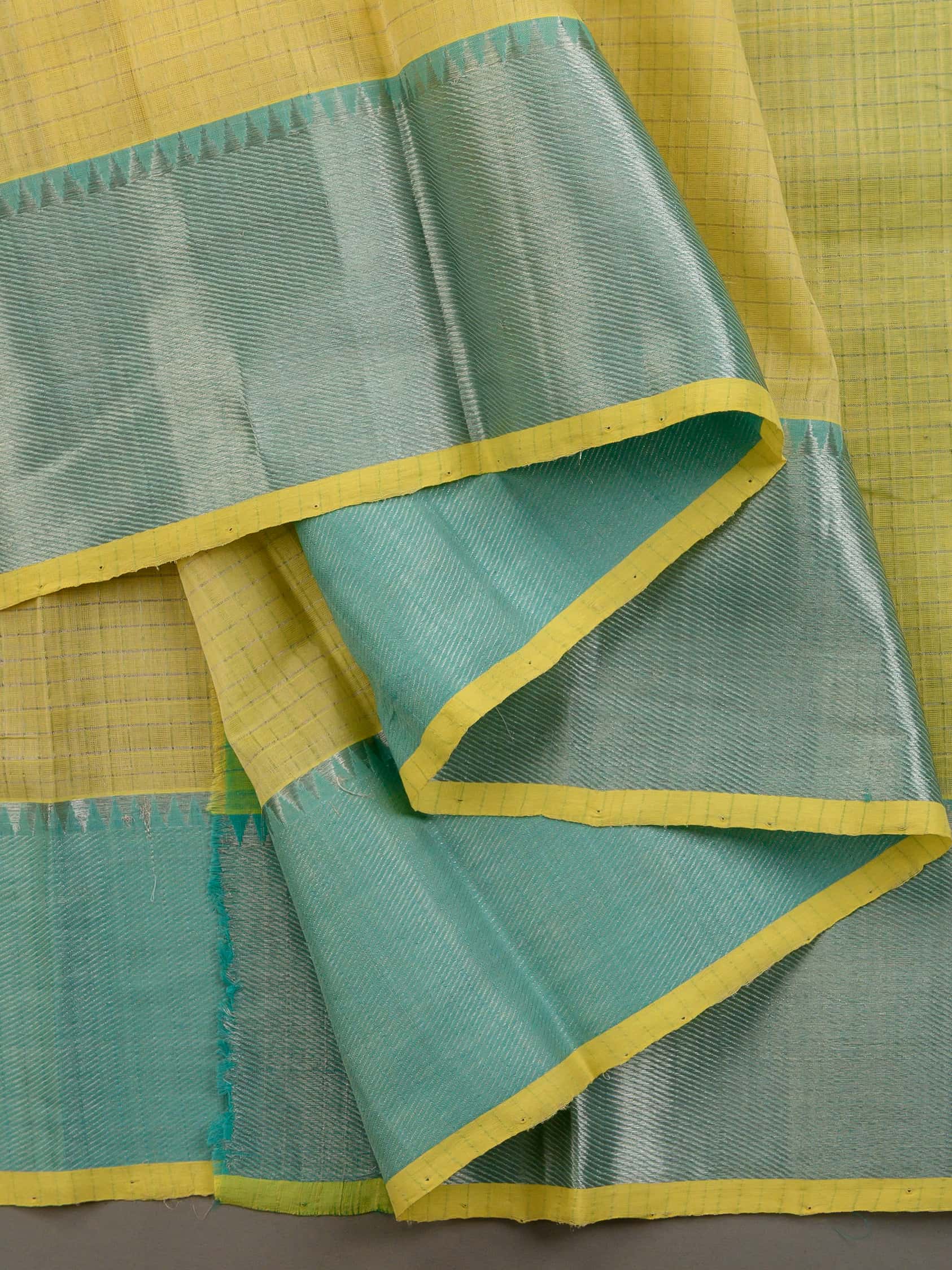 Handloom Mangalagiri Silk Cotton Saree in Yellow and Green with Tissue Checked Weave