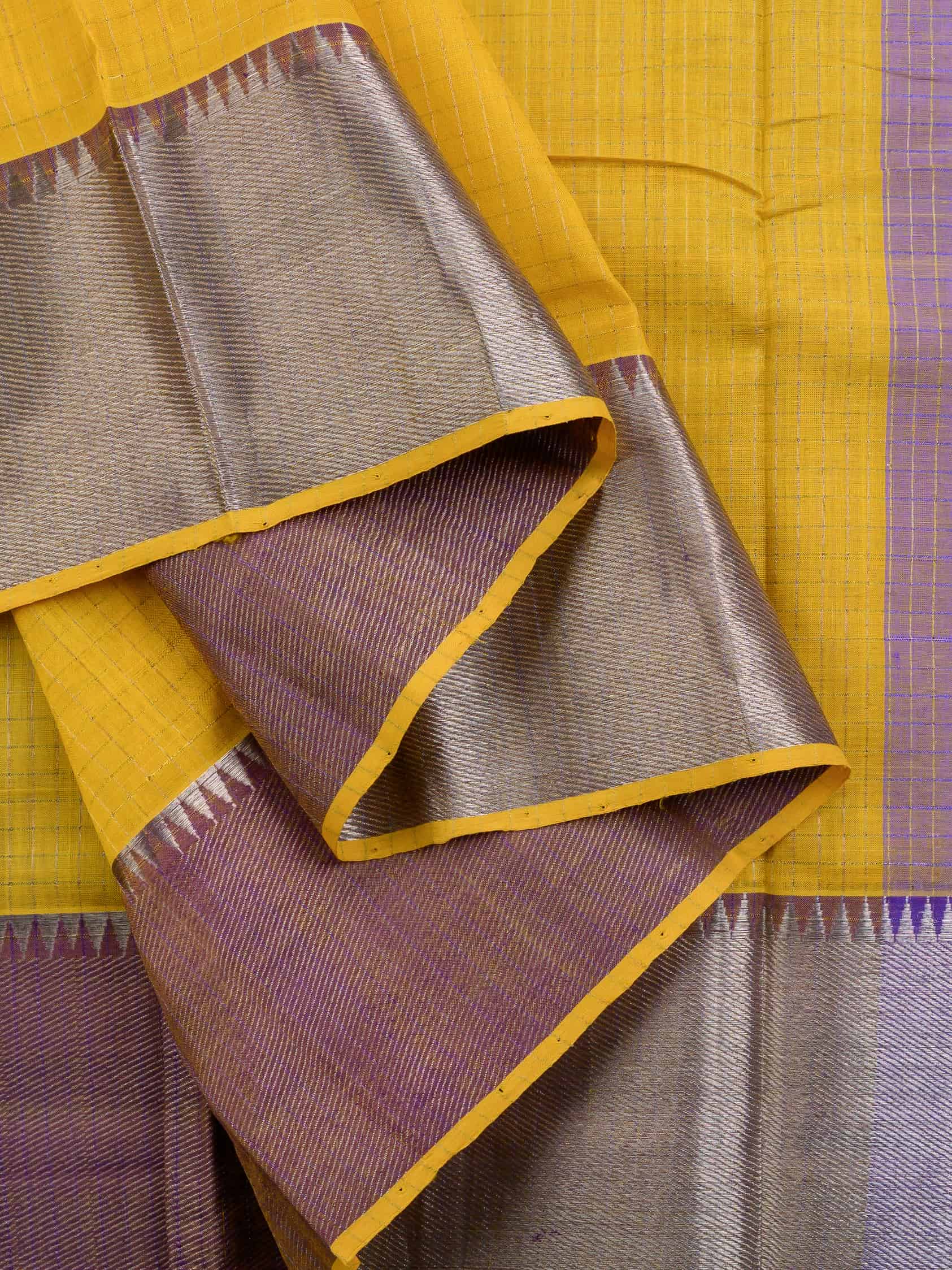 Handloom Mangalagiri Silk Cotton Saree in Yellow and Purple with Tissue Checked Weave