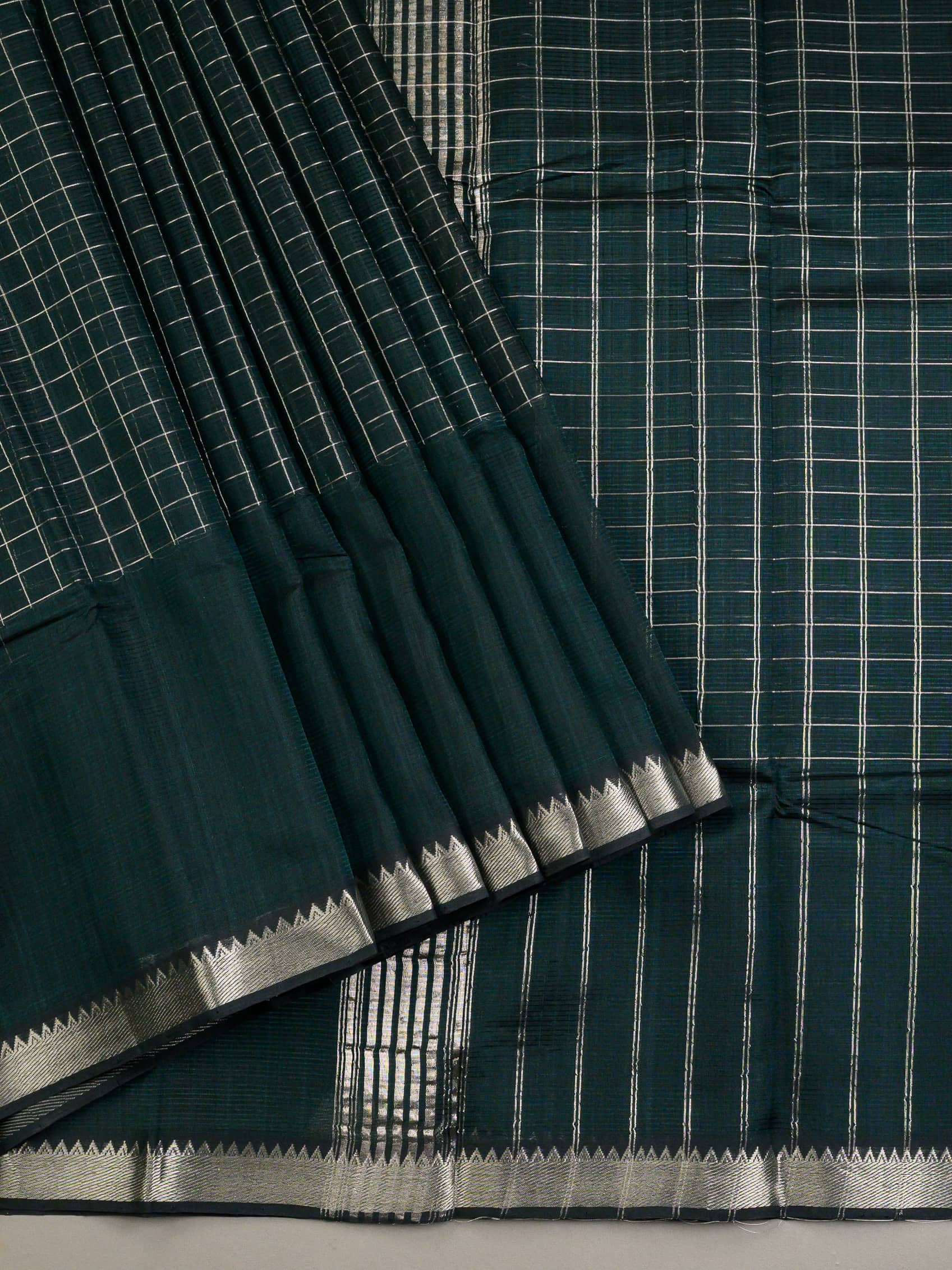 Handloom Mangalagiri Silk Cotton Saree in Deep Green with Silver Zari Checks