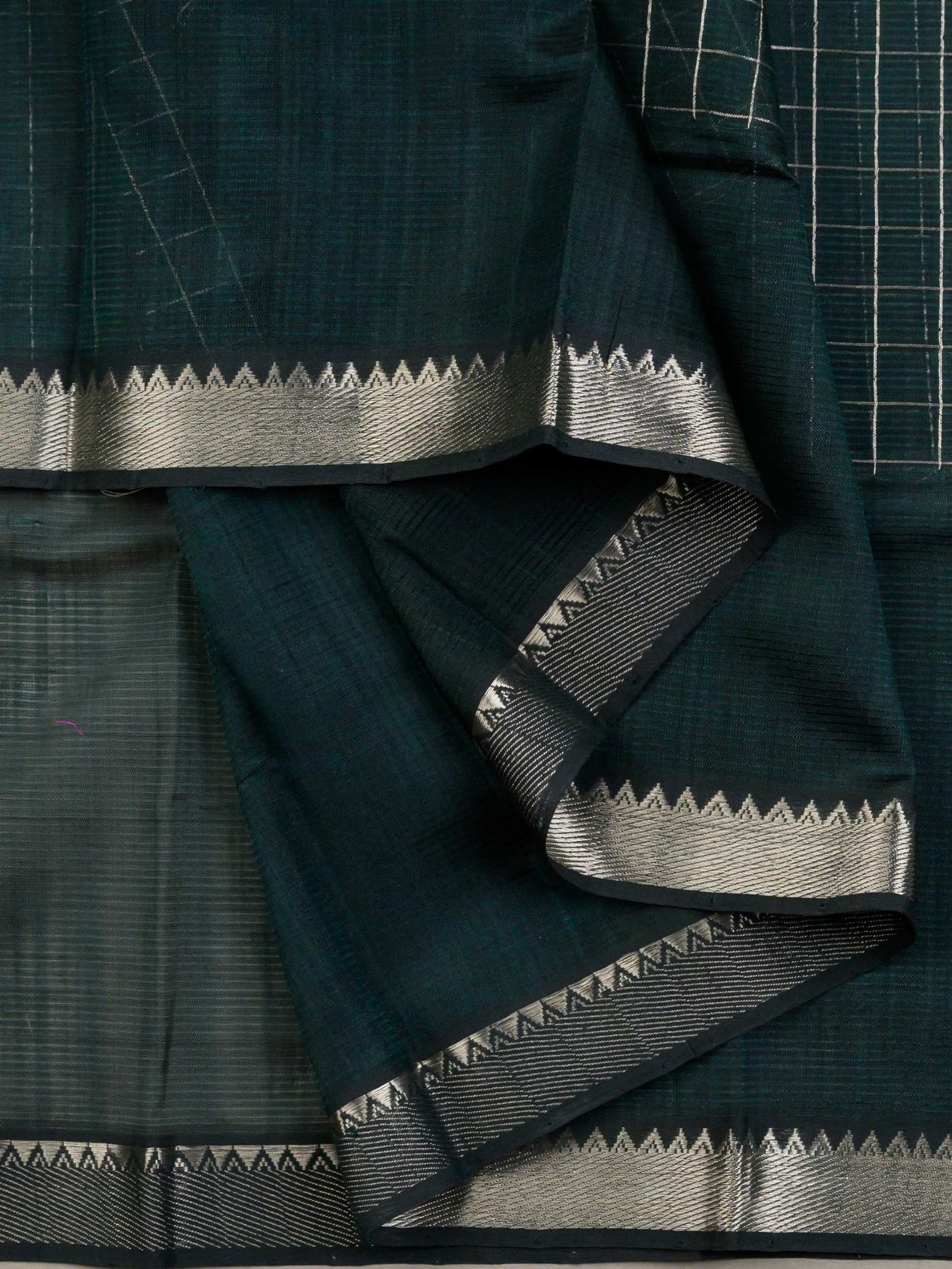 Handloom Mangalagiri Silk Cotton Saree in Deep Green with Silver Zari Checks