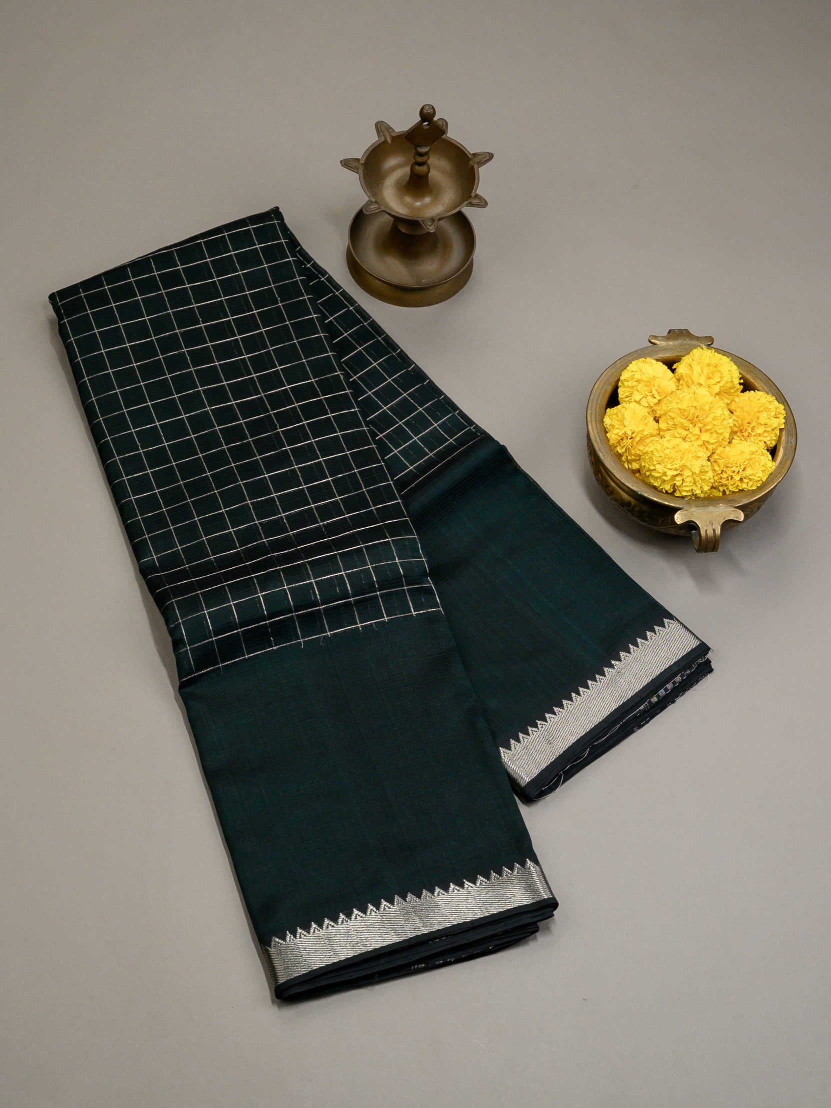 Handloom Mangalagiri Silk Cotton Saree in Deep Green with Zari Checks