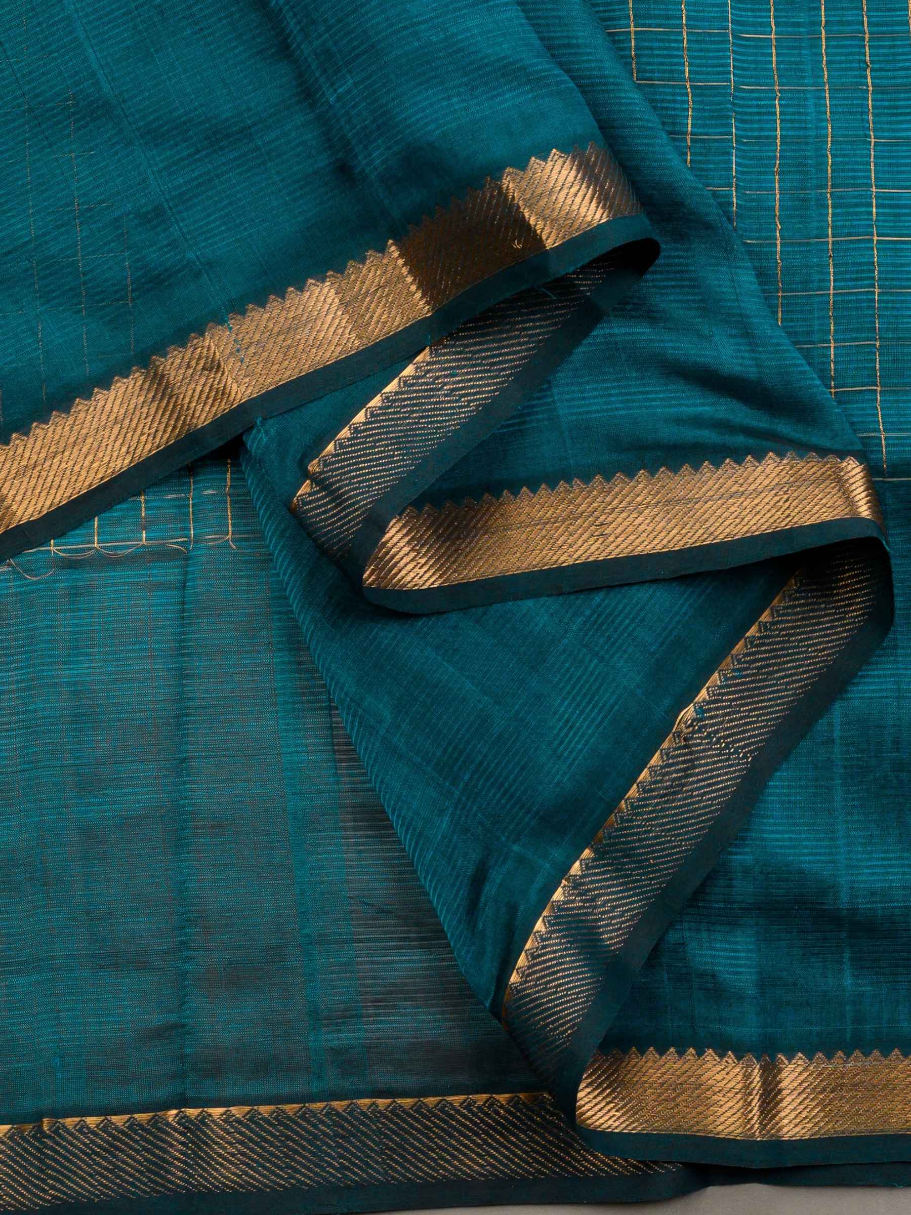 Handloom Mangalagiri Silk Cotton Saree in Teal Green with Zari Checked Pattern