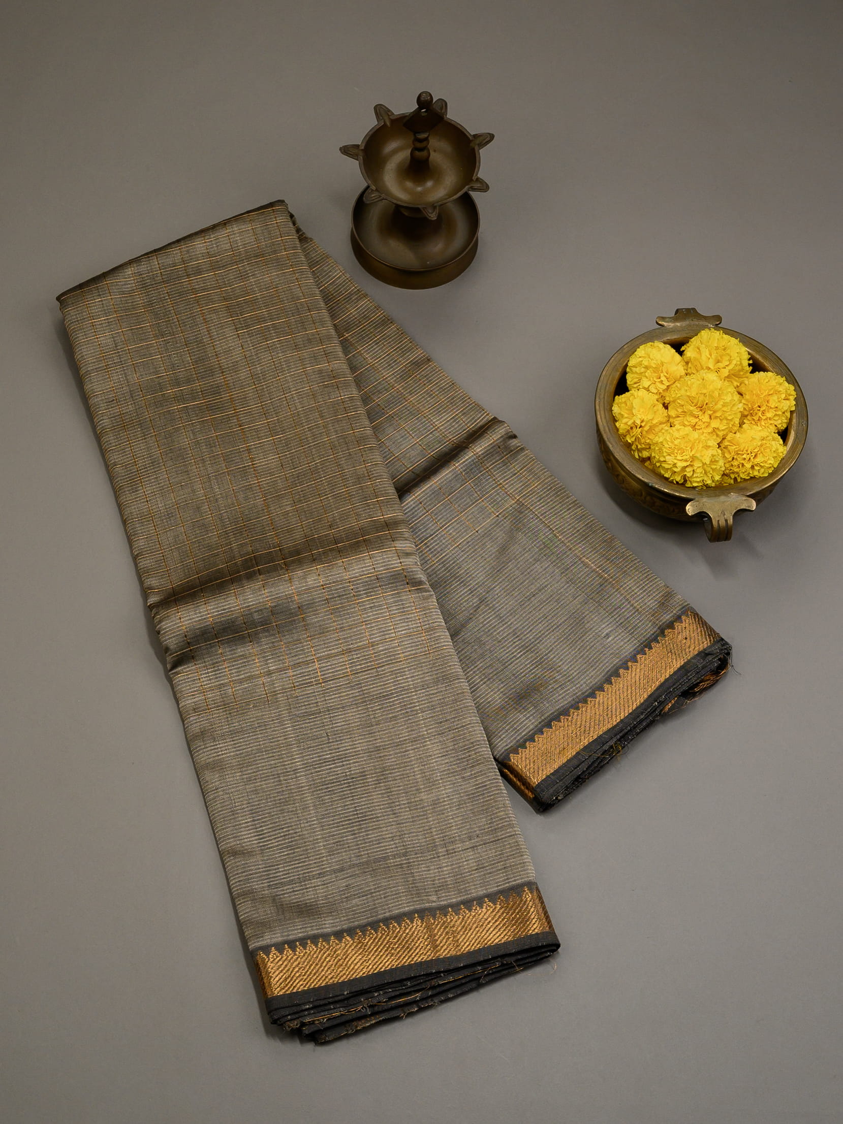 Handloom Mangalagiri silk cotton saree in grey with zari checks