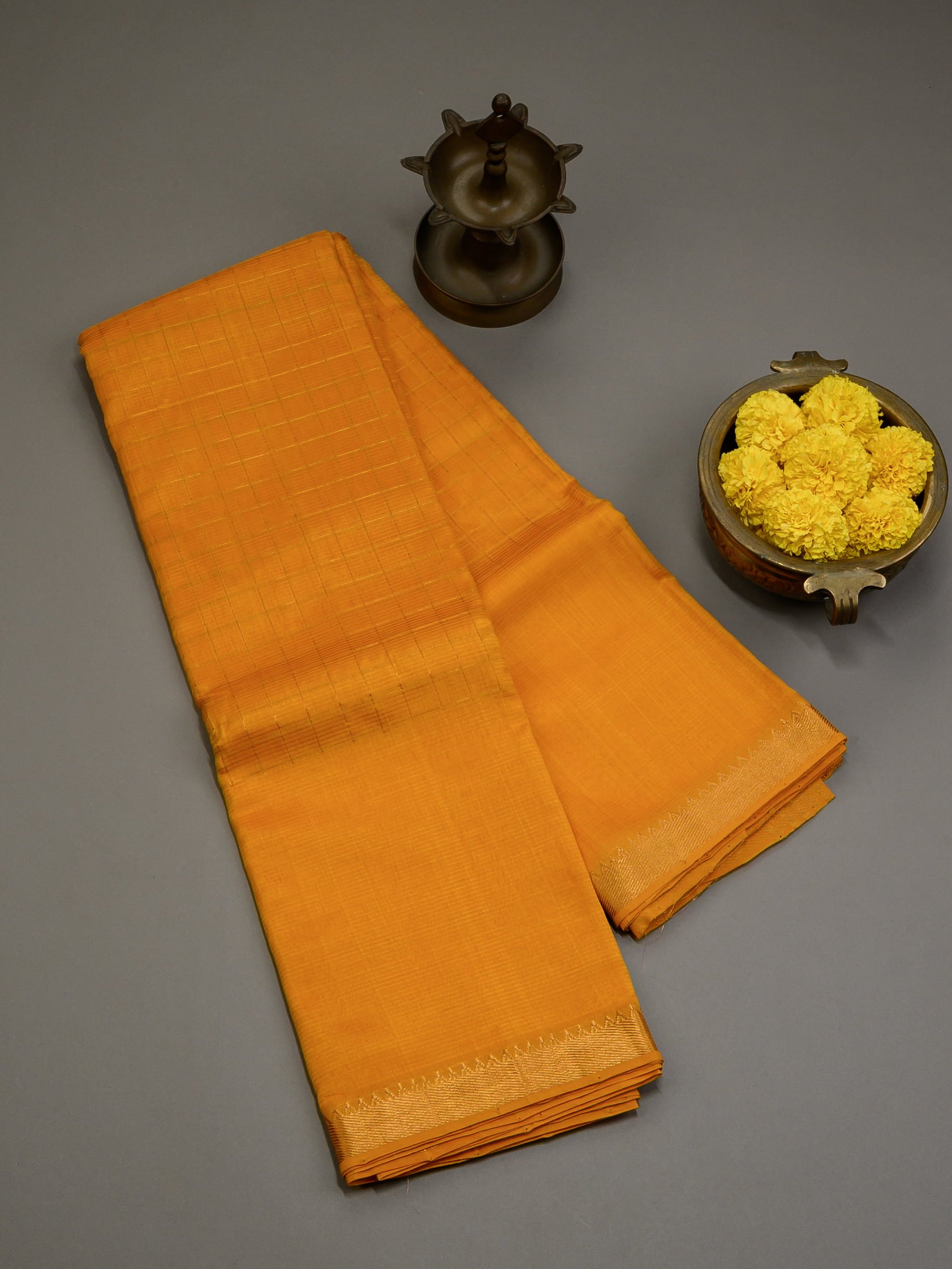 Handloom Mangalagiri silk cotton saree in orange with zari checks
