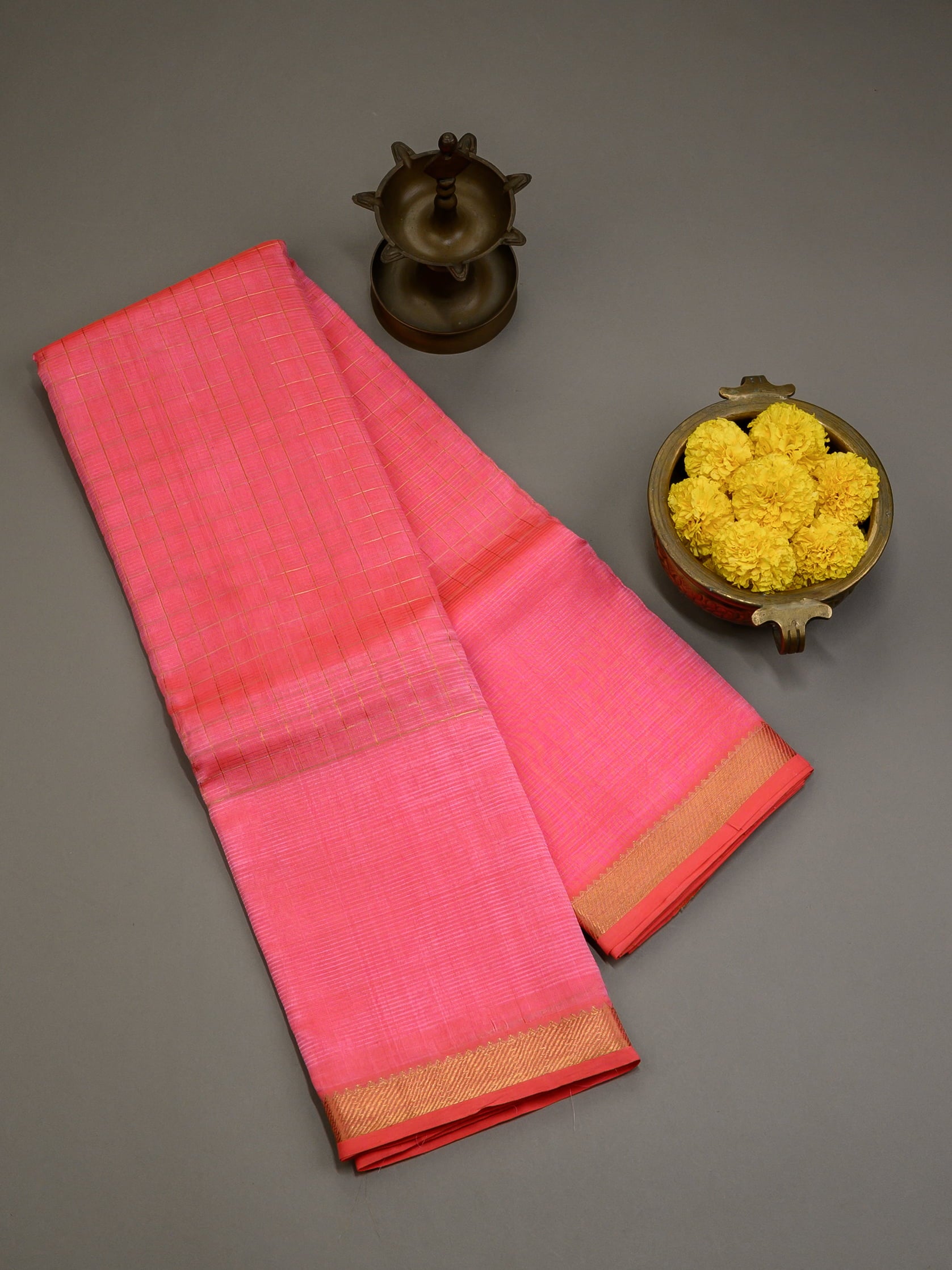 Handloom Mangalagiri silk cotton saree in pink with zari checks