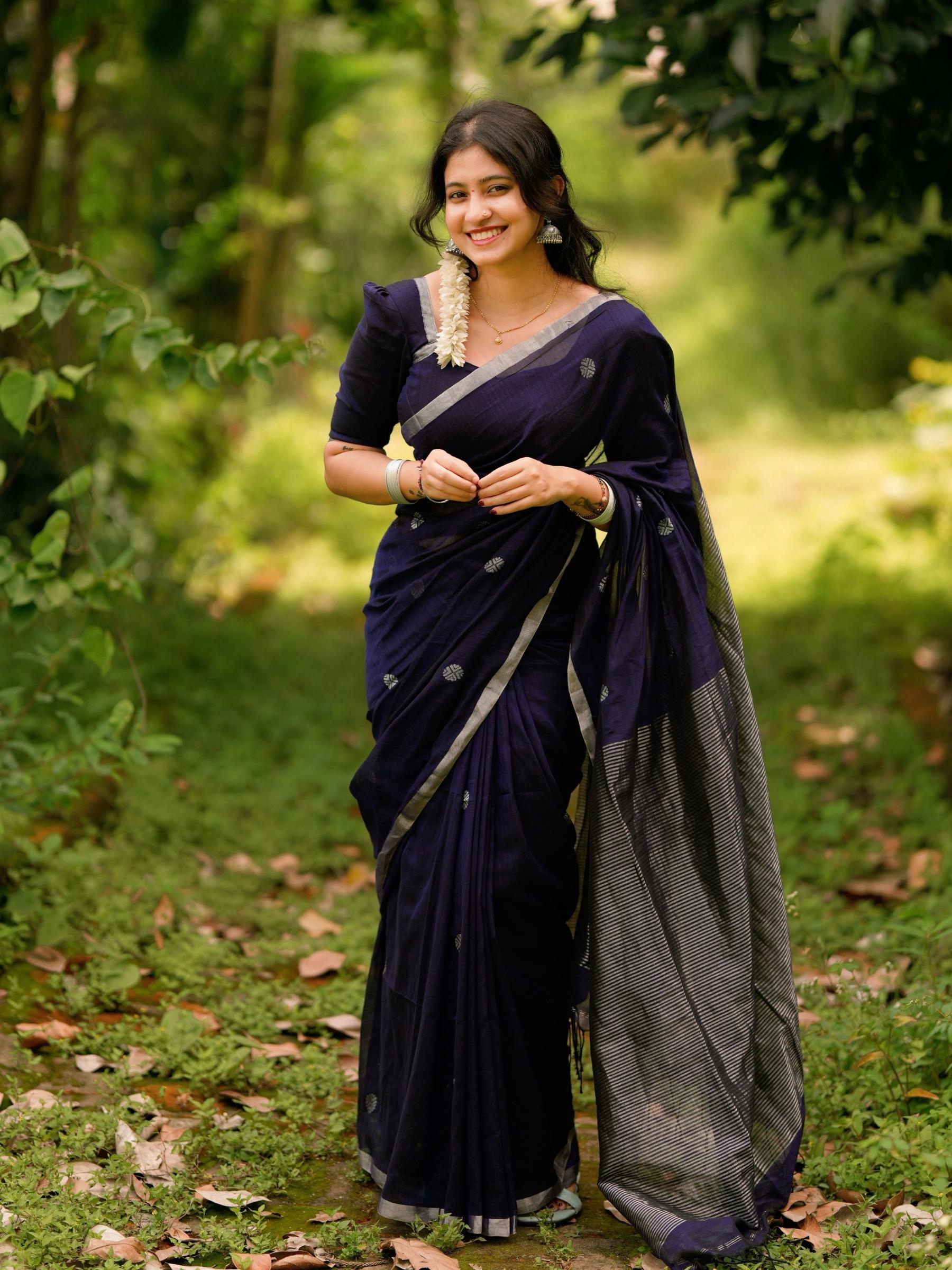 Handloom Mercerized Cotton Blue Saree with woven motifs