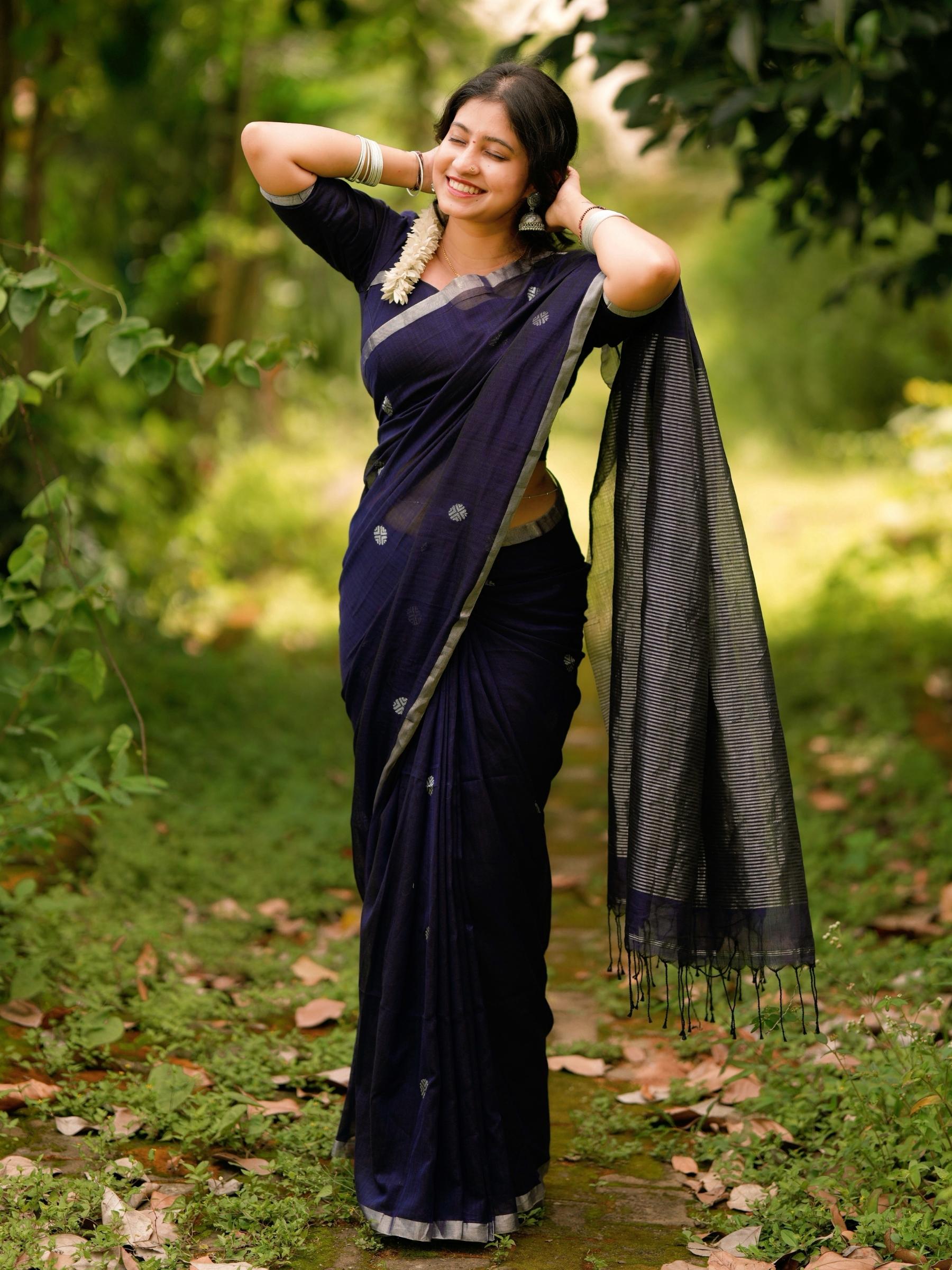 Handloom Mercerized Cotton Saree in Blue