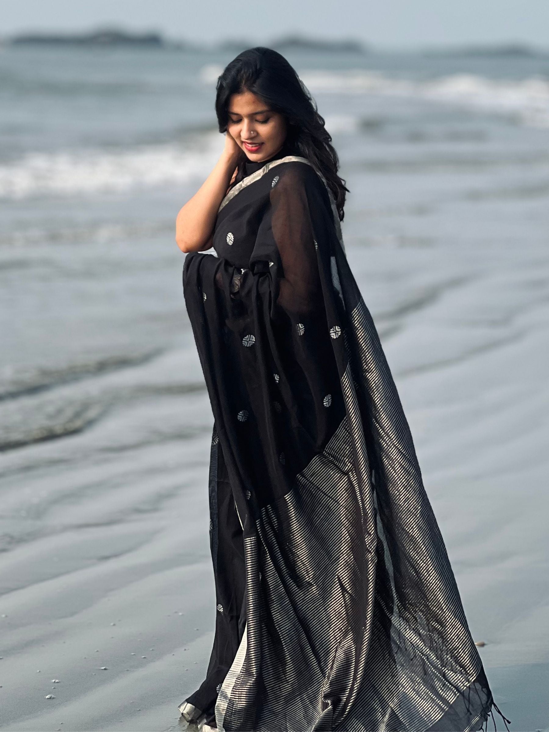 Black handloom mercerized cotton saree with silver striped pallu