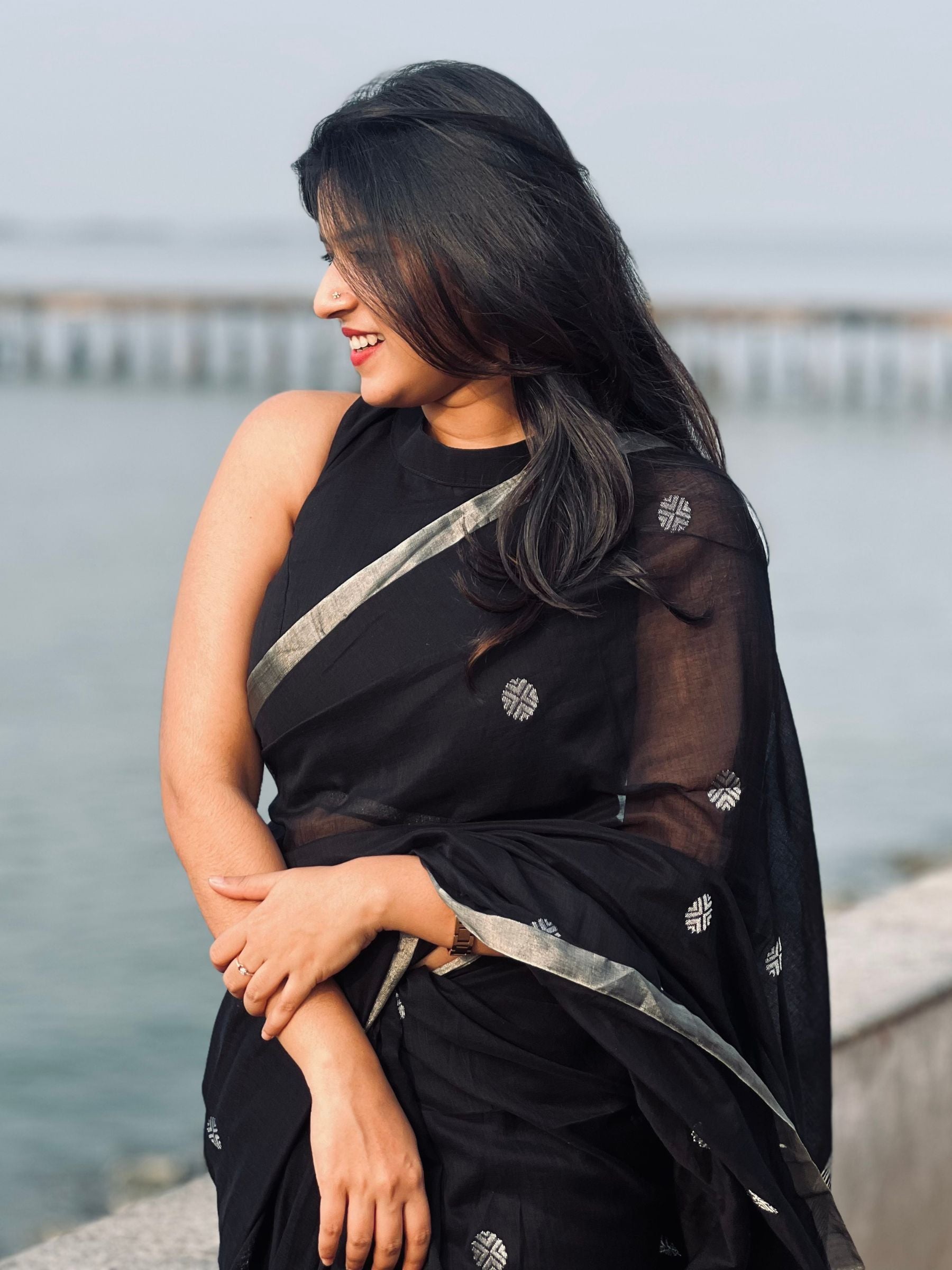 Handloom Black Mercerized Cotton Saree with Silver Striped Pallu