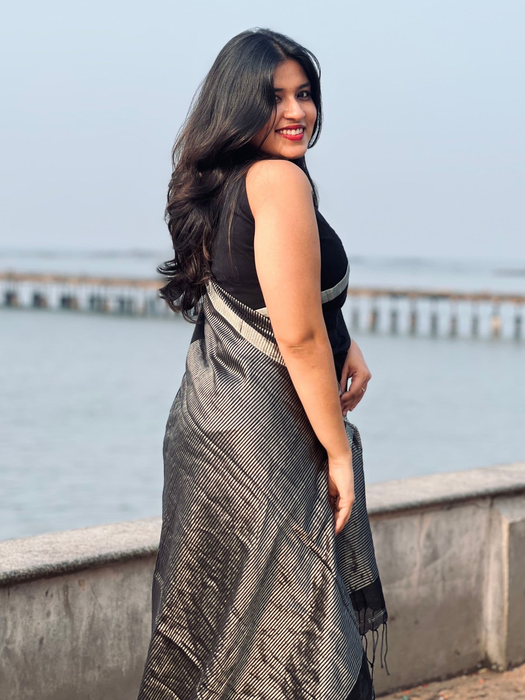 Handloom Mercerized Cotton Saree in Black