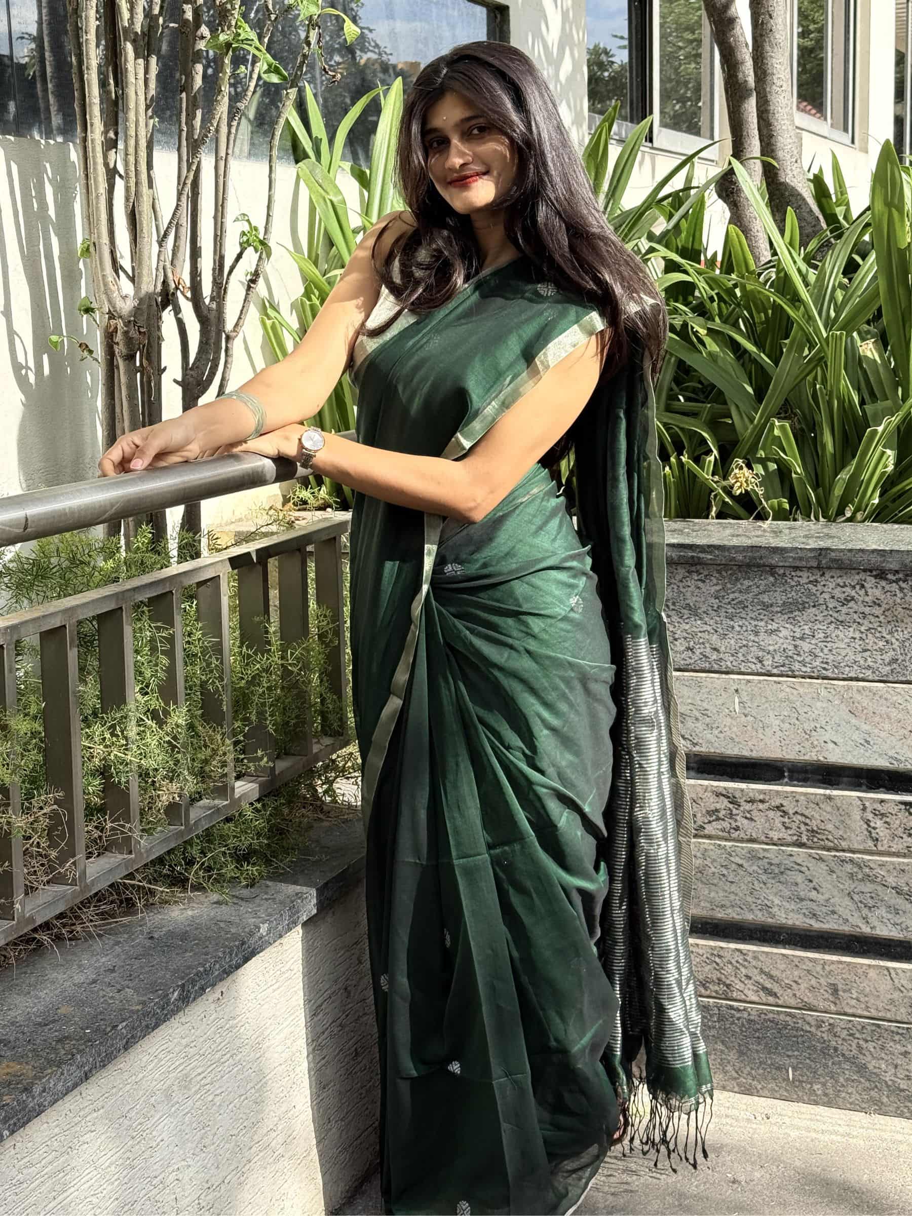 Handloom Mercerized Cotton Saree in Emerald Green