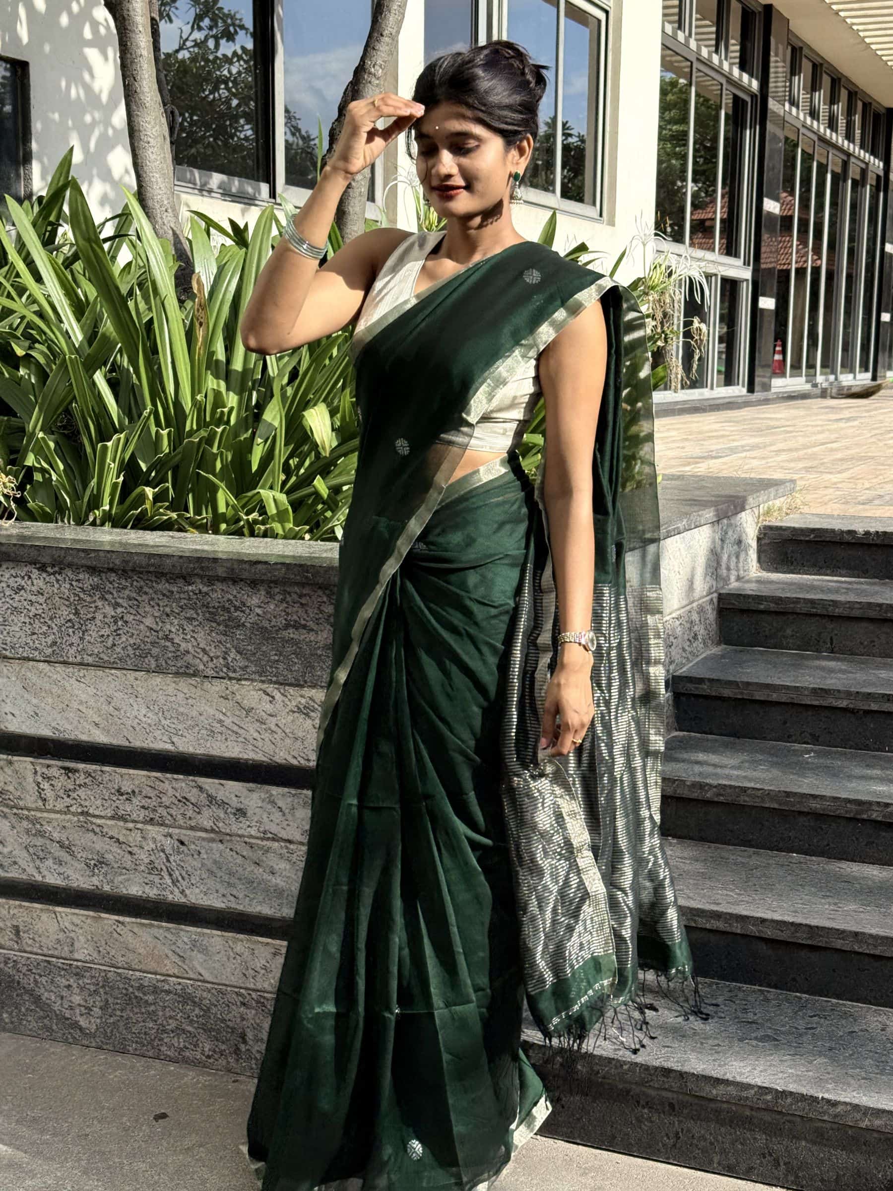 Handloom Mercerized Cotton Saree in Emerald Green