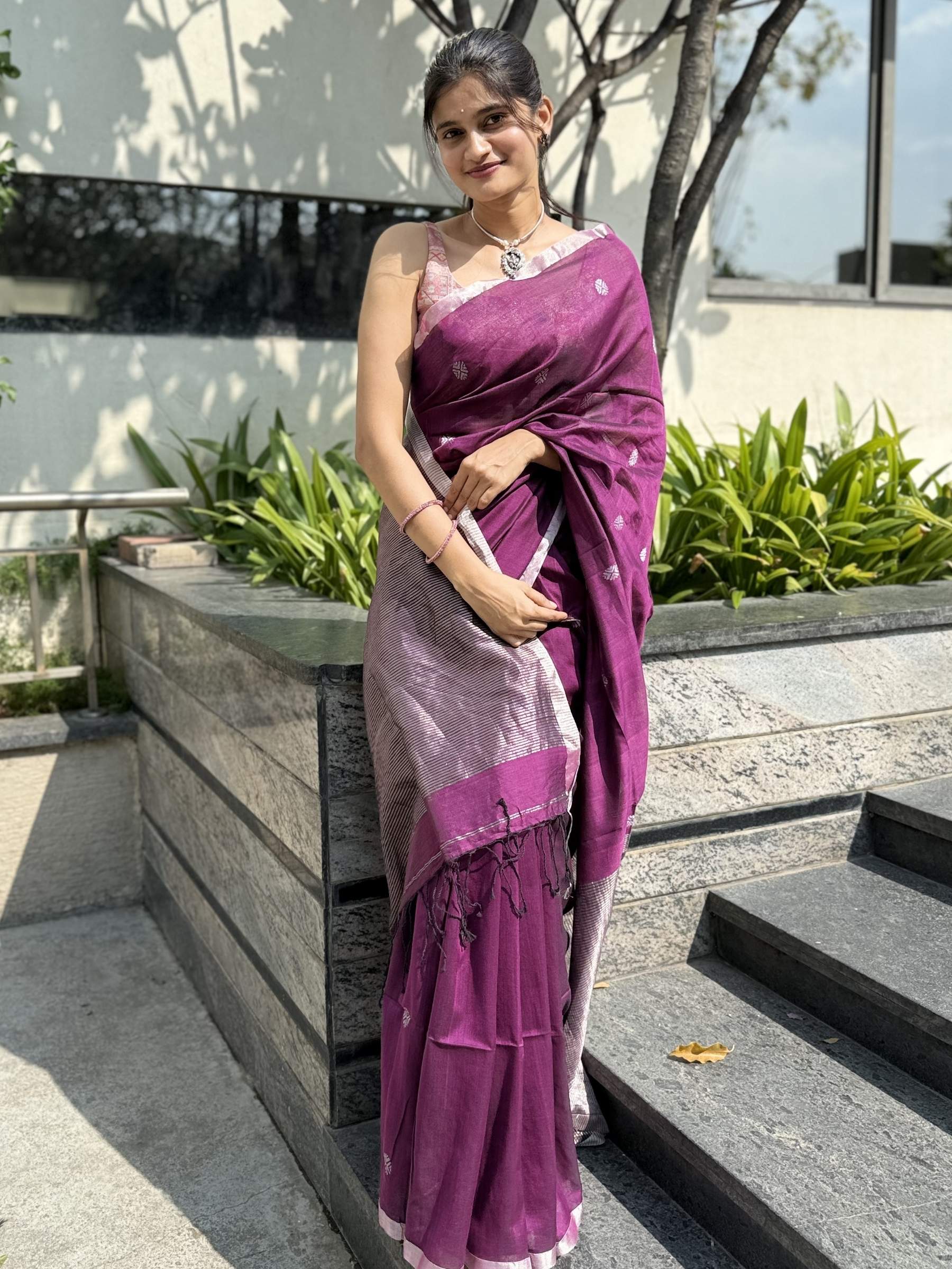 Handloom mercerized cotton saree in purple with silver zari buttas