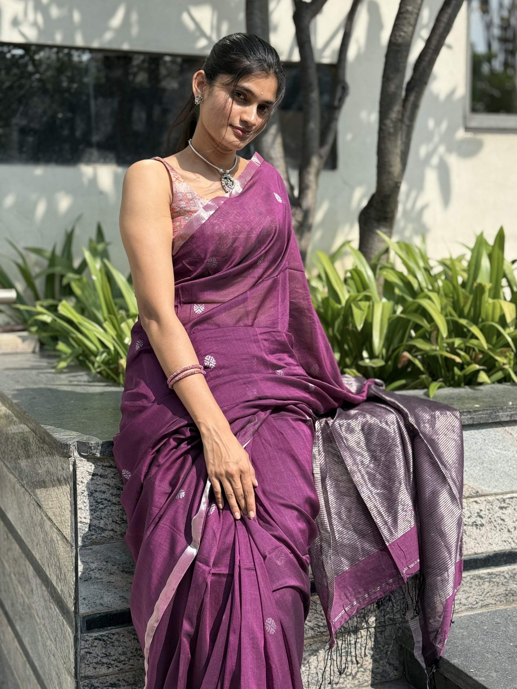 Handloom Mercerized Cotton Saree in Purple with Silver Zari Buttas and Pallu