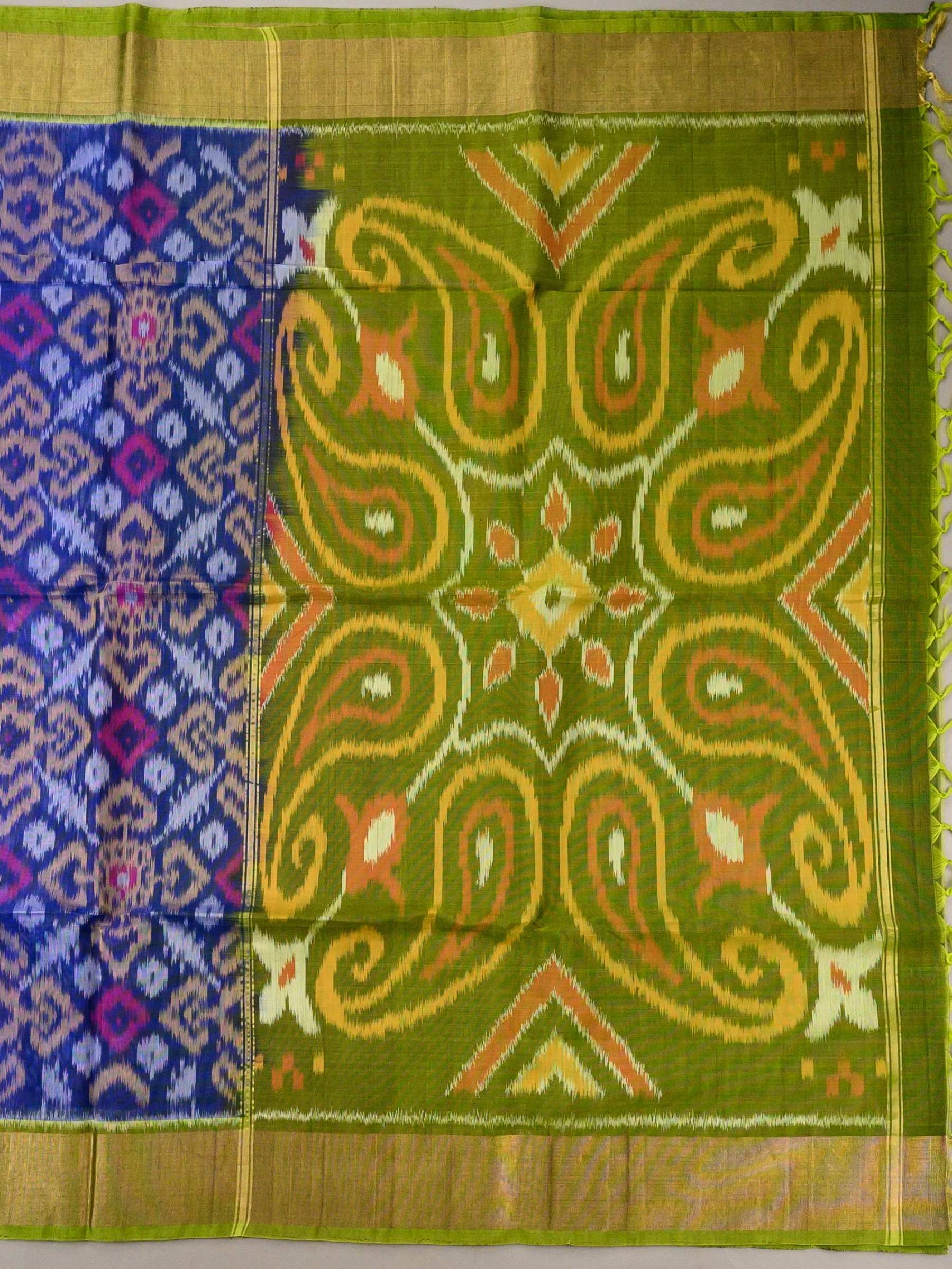 Handloom Pochampally Silk Cotton Saree in Blue and Green with Ikat Design