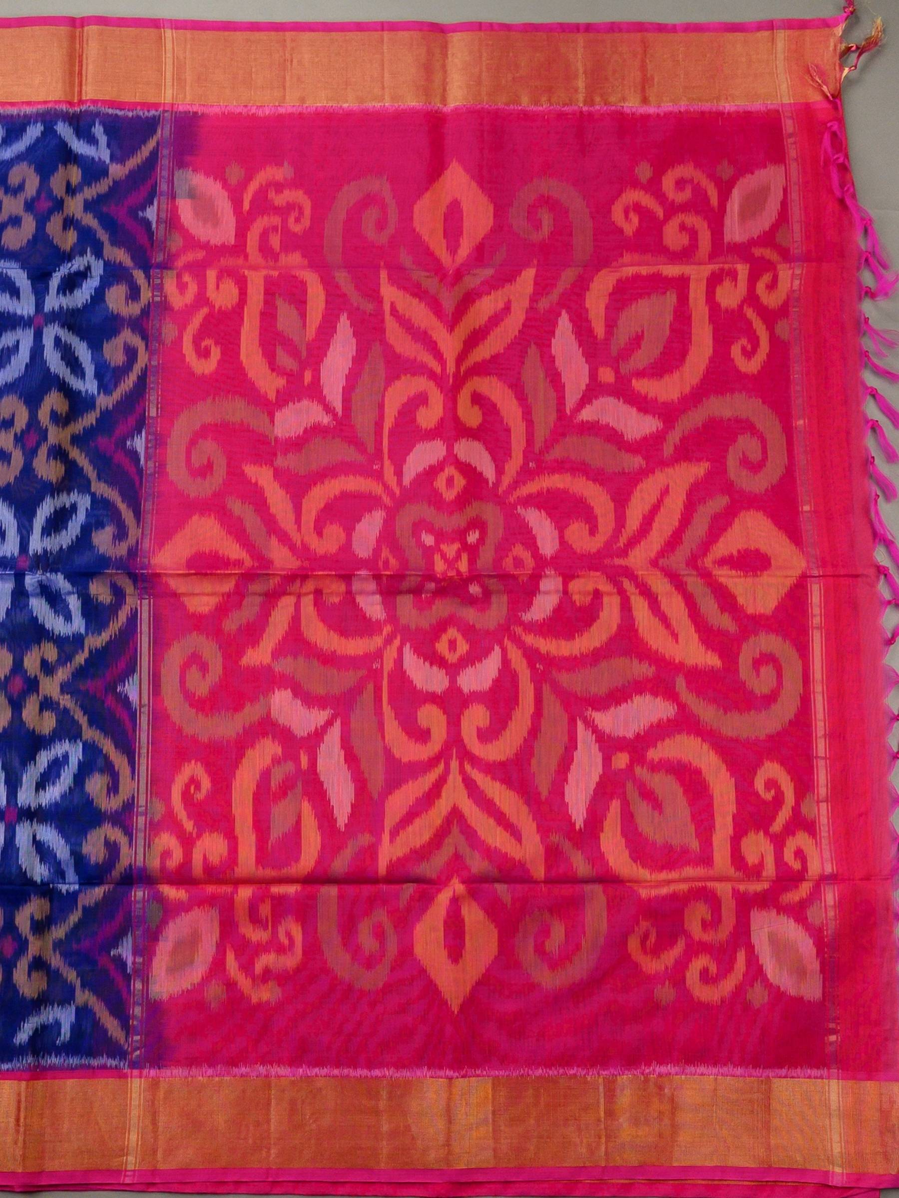 Handloom Pochampally Silk Cotton Saree in Blue and Pink with Ikat Design