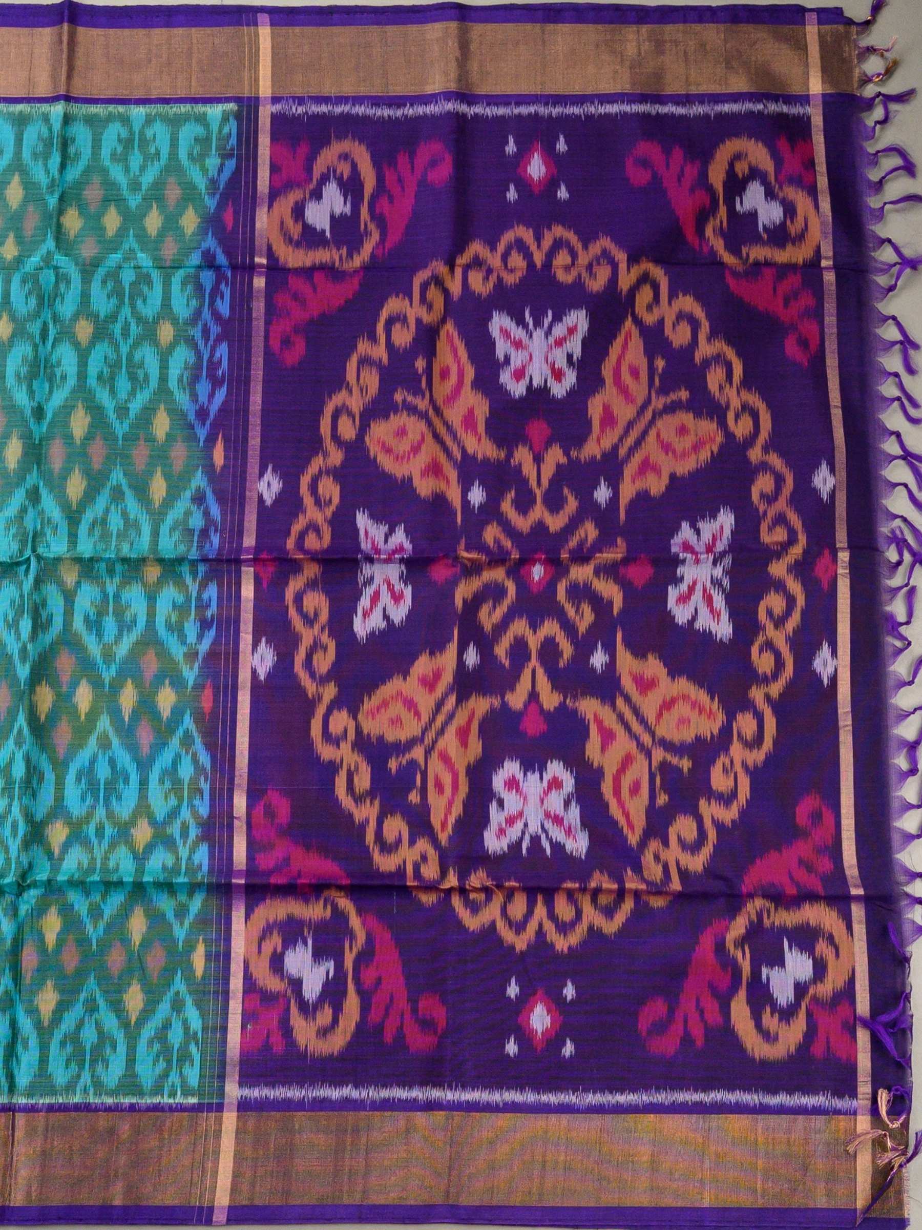 Handloom Pochampally Silk Cotton Saree in Teal Blue and Purple with Ikat Design