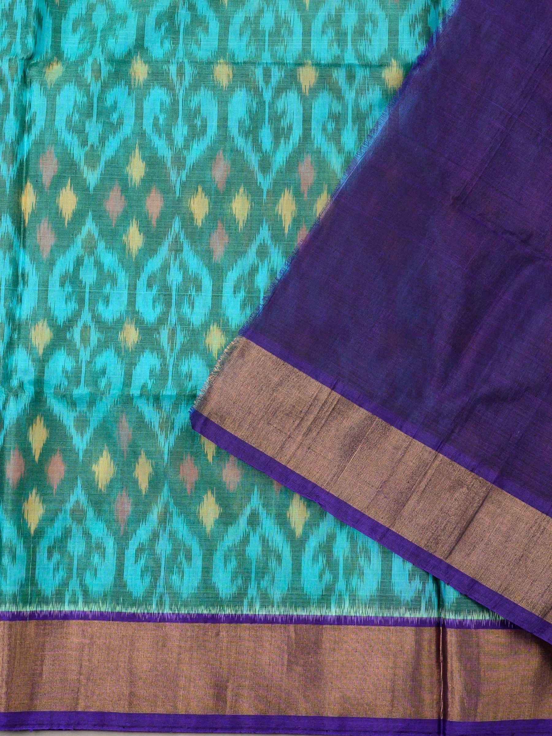 Handloom Pochampally Silk Cotton Saree in Teal Blue and Purple with Ikat Design