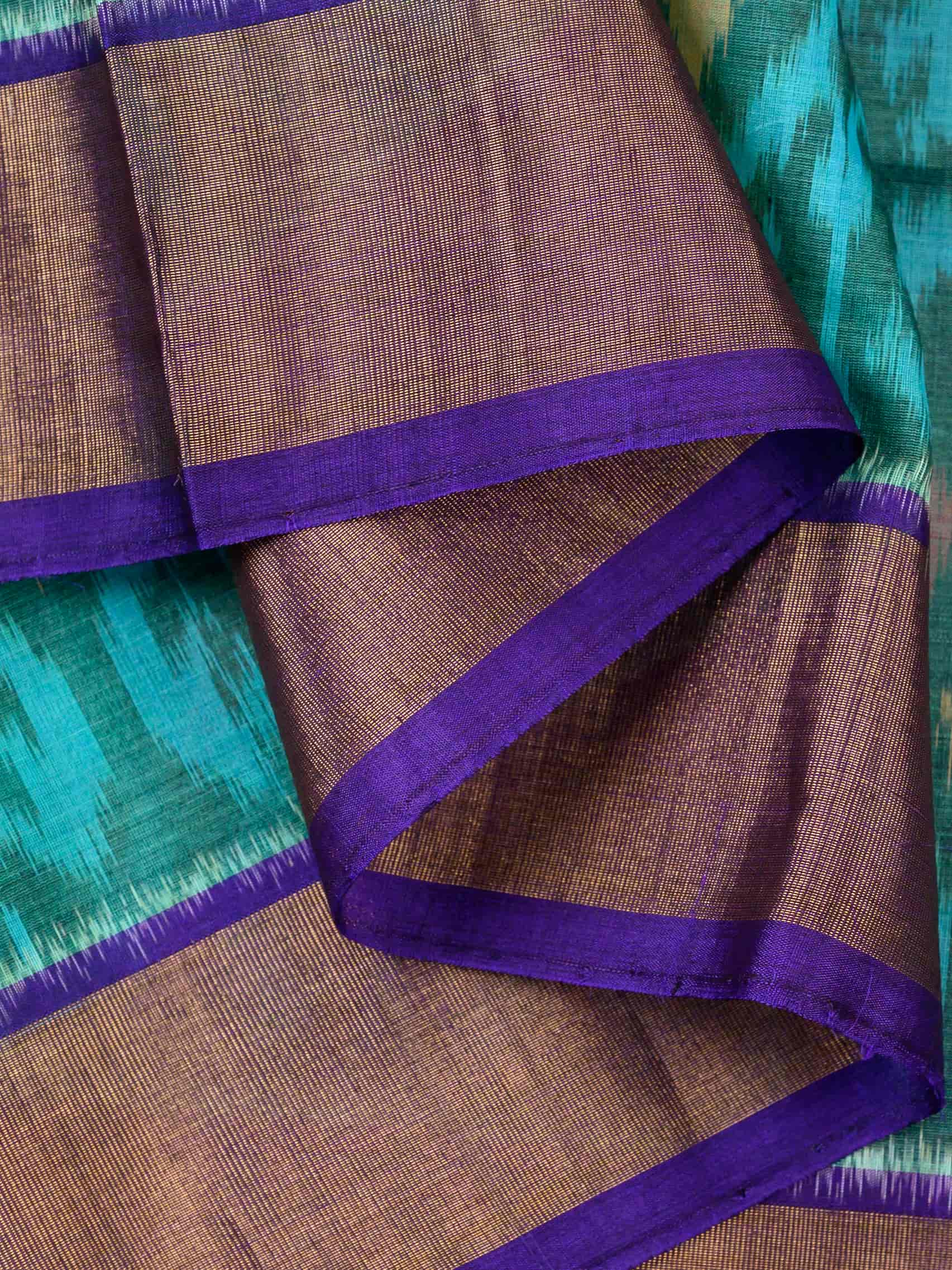 Handloom Pochampally Silk Cotton Saree in Teal Blue and Purple with Ikat Design