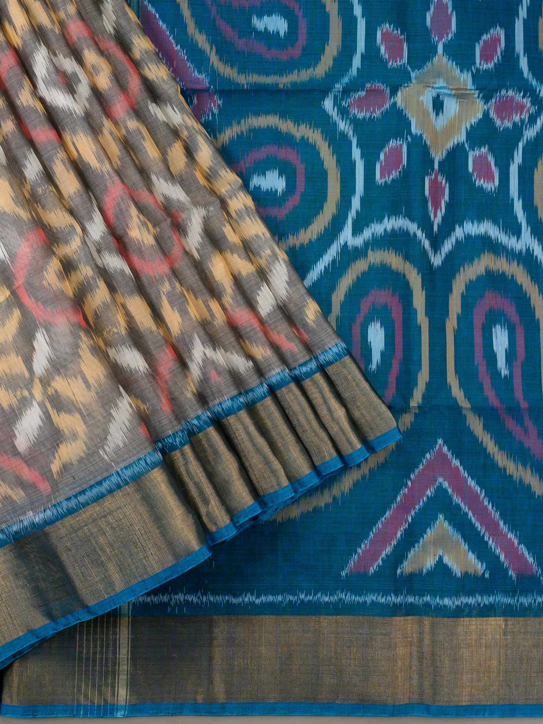 Handloom Pochampally Silk Cotton Saree in Grey and Blue with Ikat Design